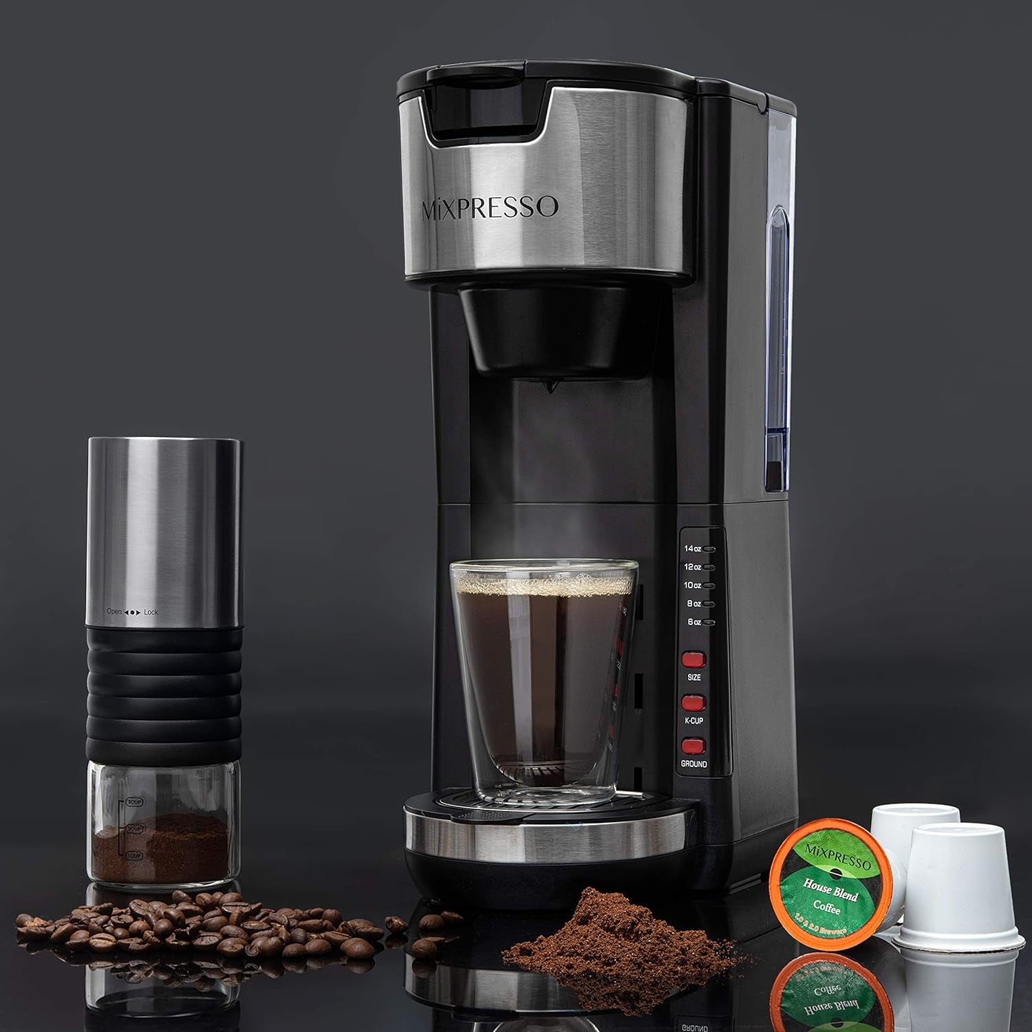 Mixpresso Black Single Serve Coffee Brewer K-Cup Pods Compatible & Ground, 30 Oz Compact Coffee Maker Single Serve with 5 Brew Sizes up to 14 Oz, Fits Travel Mug, Adjustable Drip Tray