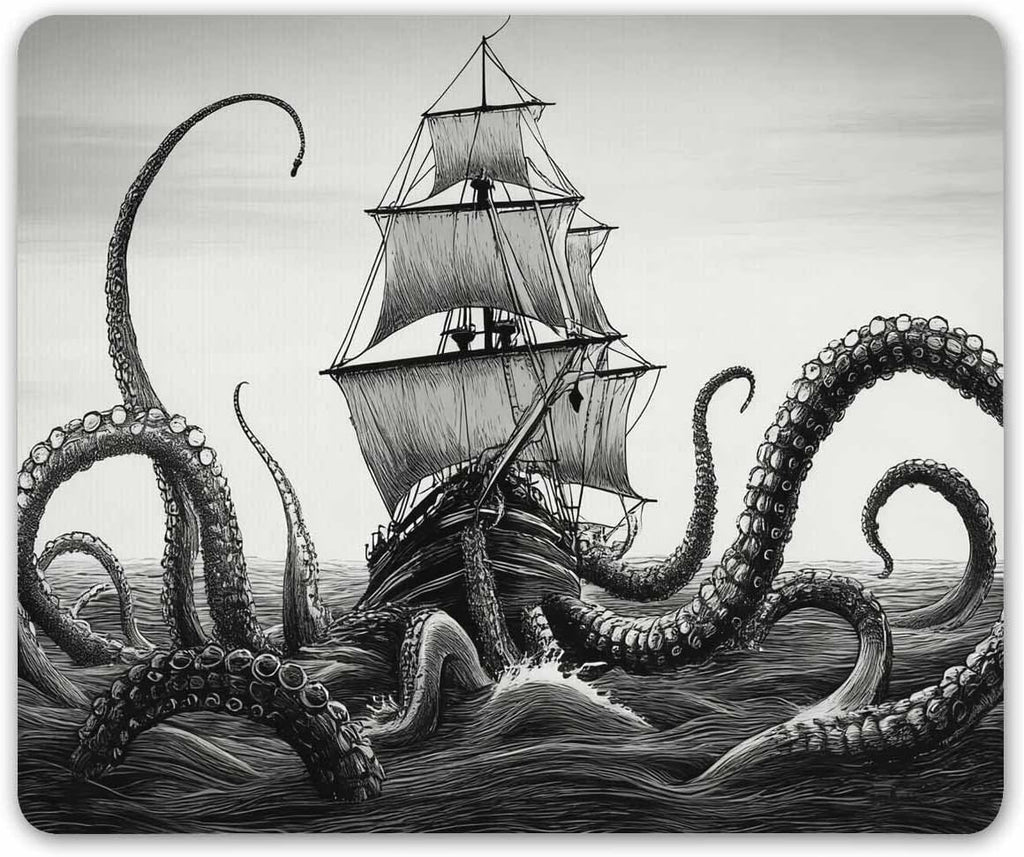 Smooffly Kraken Mouse Pad - Sail Boat Waves & Octopus - Non-Slip Rubber - Gaming Mouse Pad