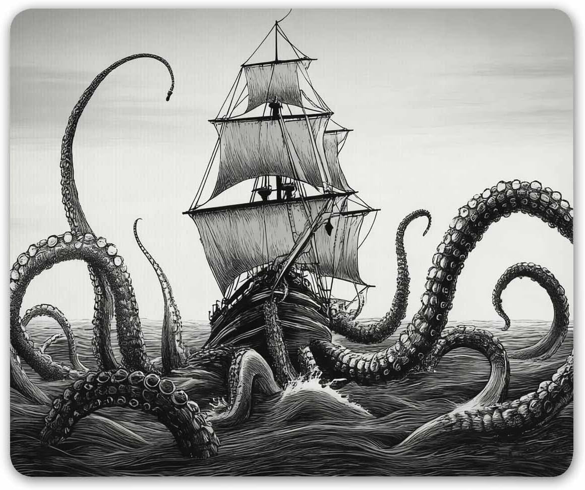 Smooffly Kraken Mouse Pad - Sail Boat Waves & Octopus - Non-Slip Rubber - Gaming Mouse Pad