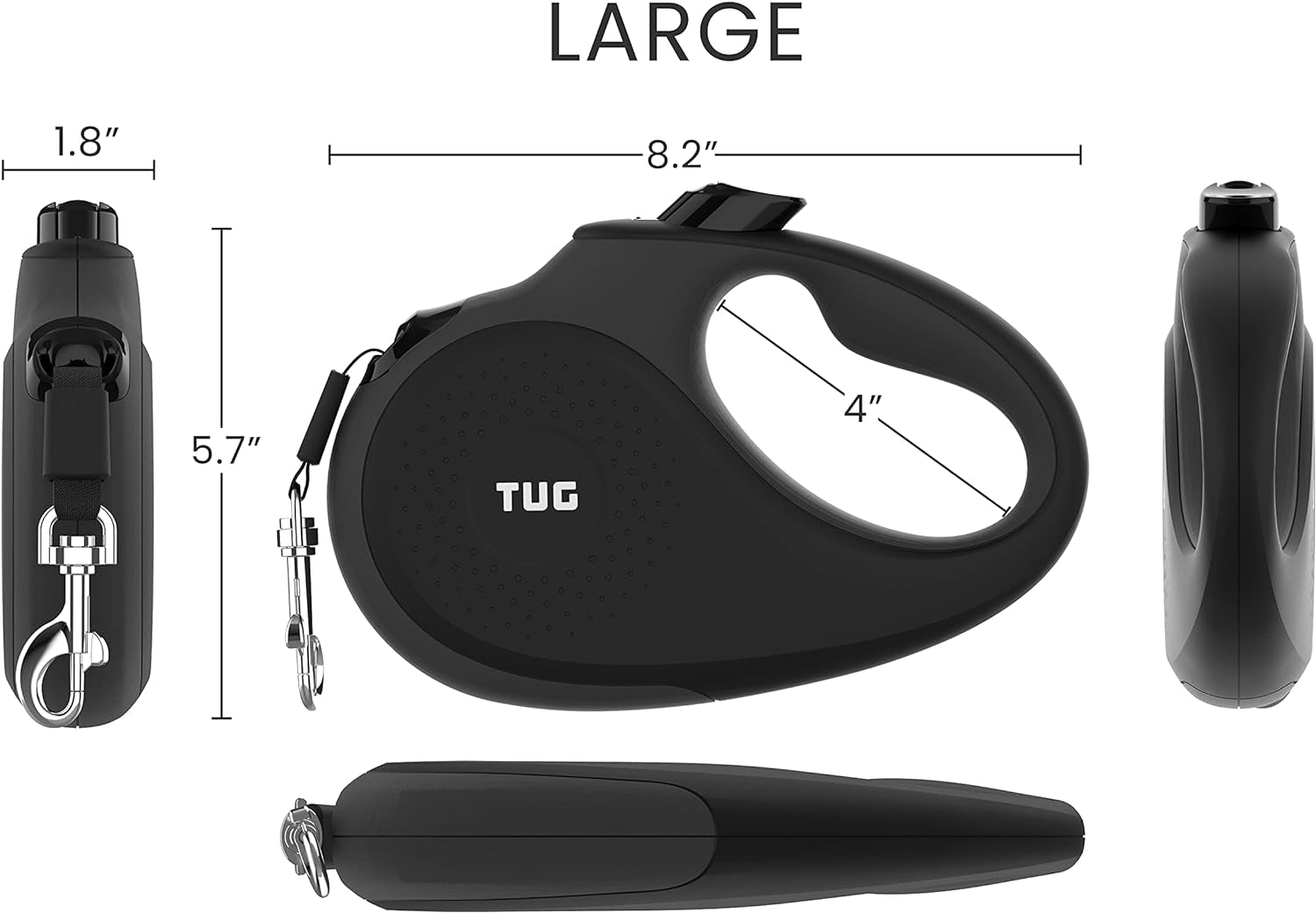 TUG Original Retractable Dog Leash, Anti-Slip, 16’ Tape (Large, Black/Grey) | Anti-Slip Handle, 16 Ft Strong Nylon Tape, One-Handed Brake, Pause, Lock