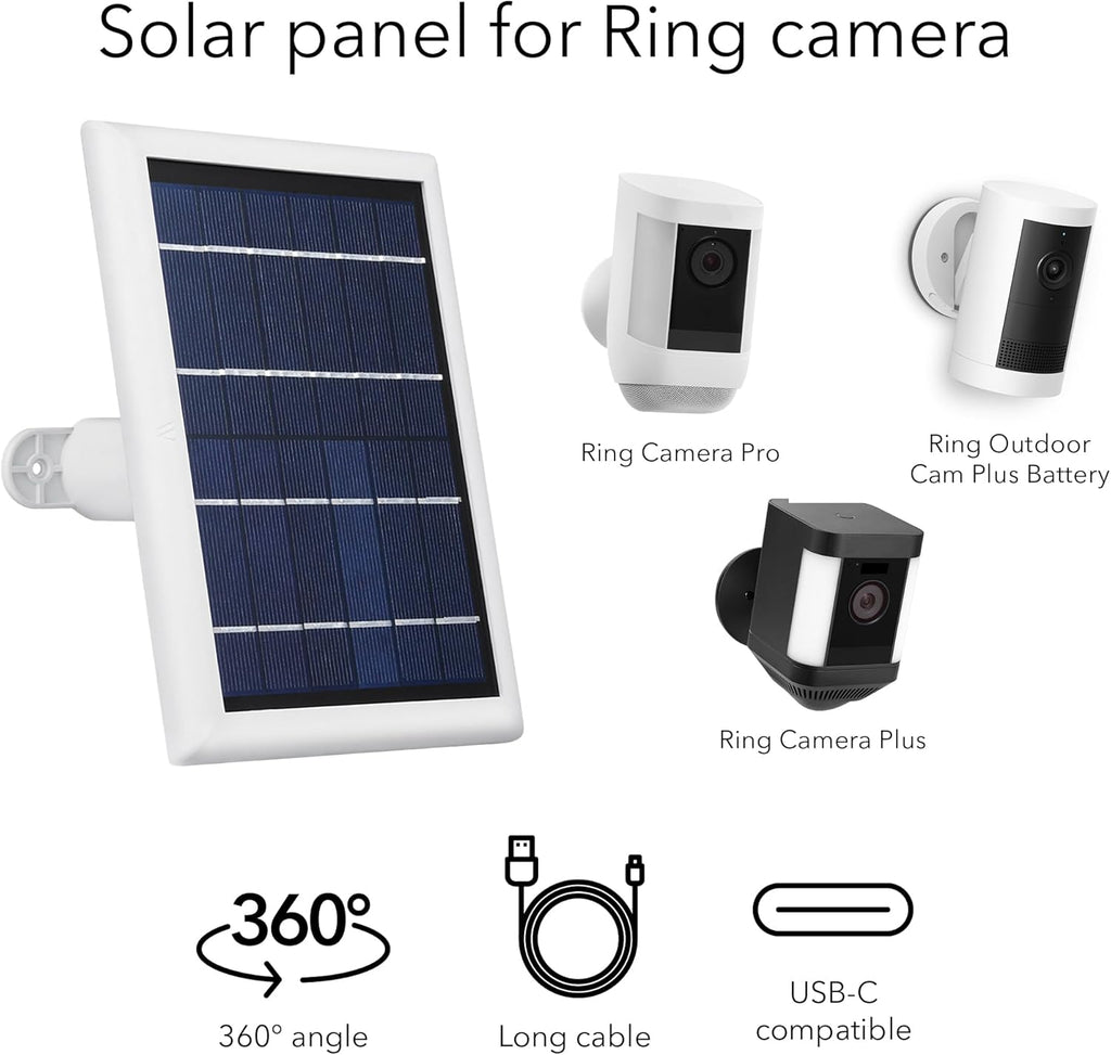 Wasserstein Solar Panel Compatible with Ring Spotlight Cam/Plus/Pro Battery, Stick up Cam/Pro & Outdoor Cam plus Battery - Continuous Power for Ring Surveillance Camera (1-Pack, White)
