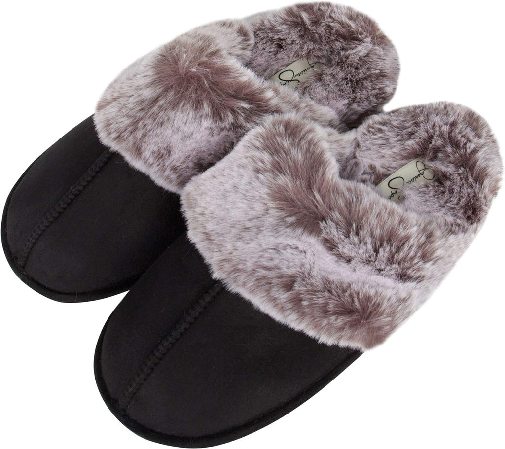 Jessica Simpson Womens Comfy Faux Fur House Slipper Scuff Memory Foam Slip on Anti-Skid Soleslipper