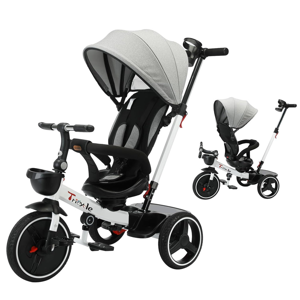 UBRAVOO Baby Tricycle,6-In-1 Baby Push Bike Steer Stroller,Learning Toddler Bike/Detachable Guardrail,Adjustable Canopy,Safety Harness,Folding Pedal,Storage Basket,Brake,Shock Absorption