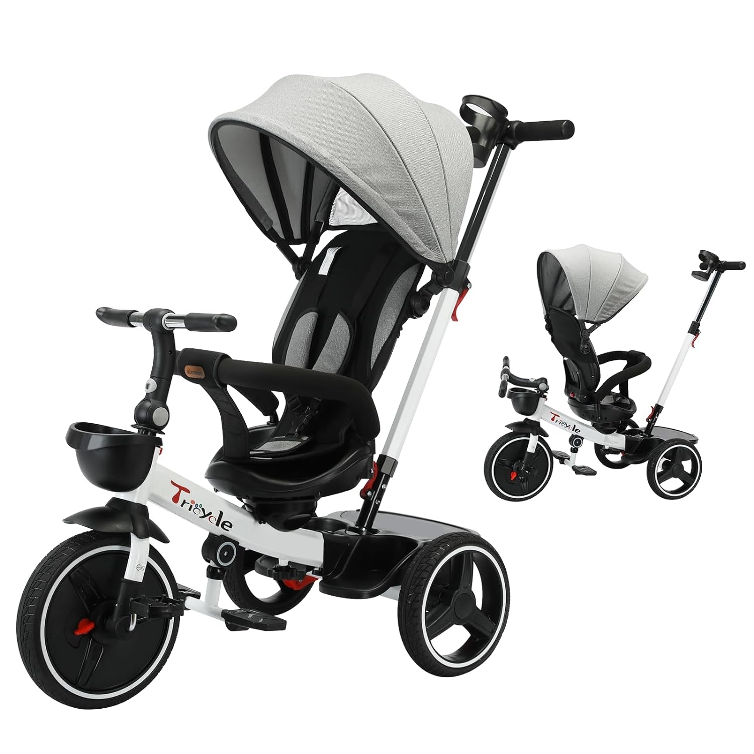 UBRAVOO Baby Tricycle,6-In-1 Baby Push Bike Steer Stroller,Learning Toddler Bike/Detachable Guardrail,Adjustable Canopy,Safety Harness,Folding Pedal,Storage Basket,Brake,Shock Absorption