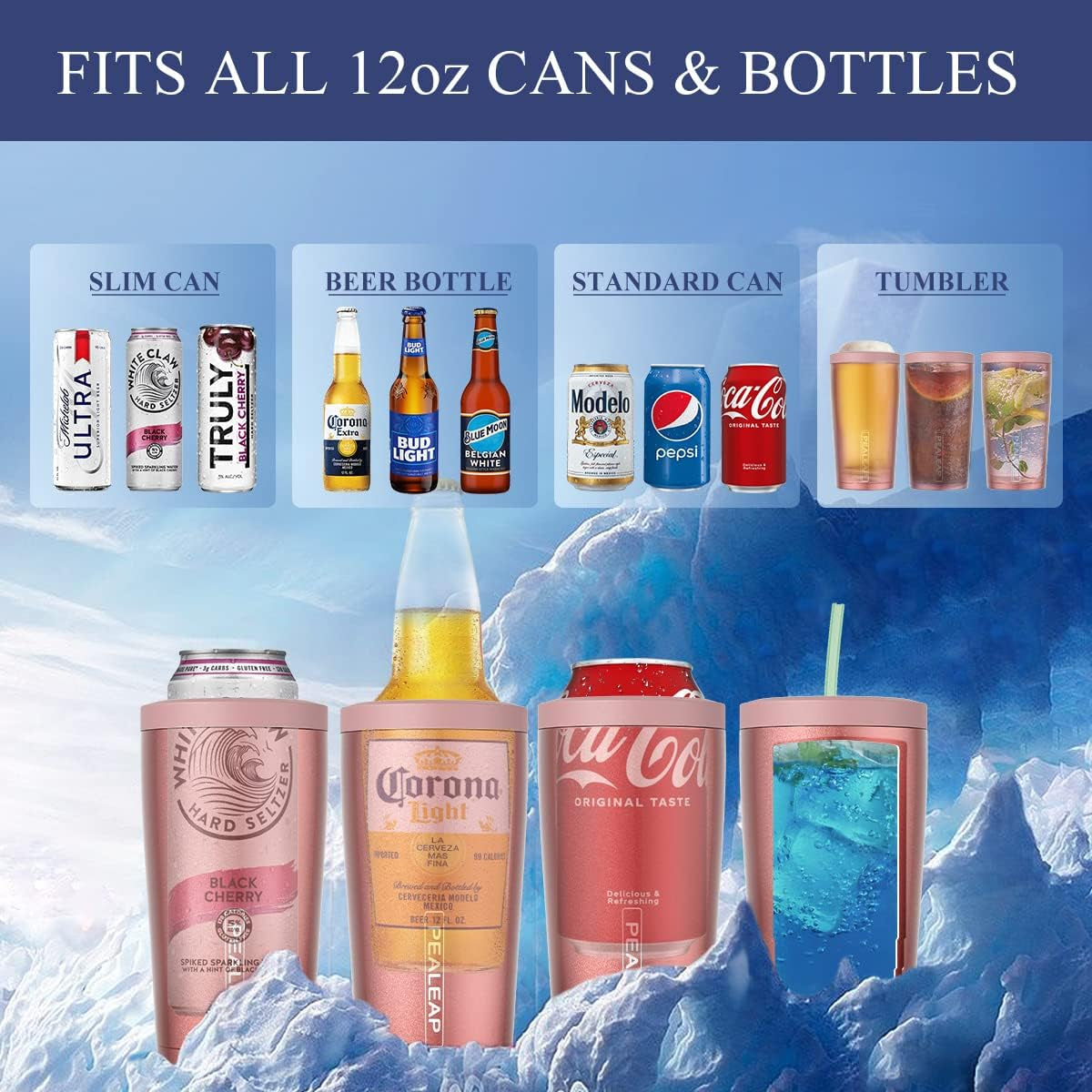 Pealeap 4-In-1 Insulated Slim Can Cooler for All 12Oz Cans & Beer Bottles | Double-Walled Stainless Steel Vacuum Can Cozy | Keep 8Hrs Cold | Universal Fits 12Oz Drinks | No Sweat | Cup Holder Friendly