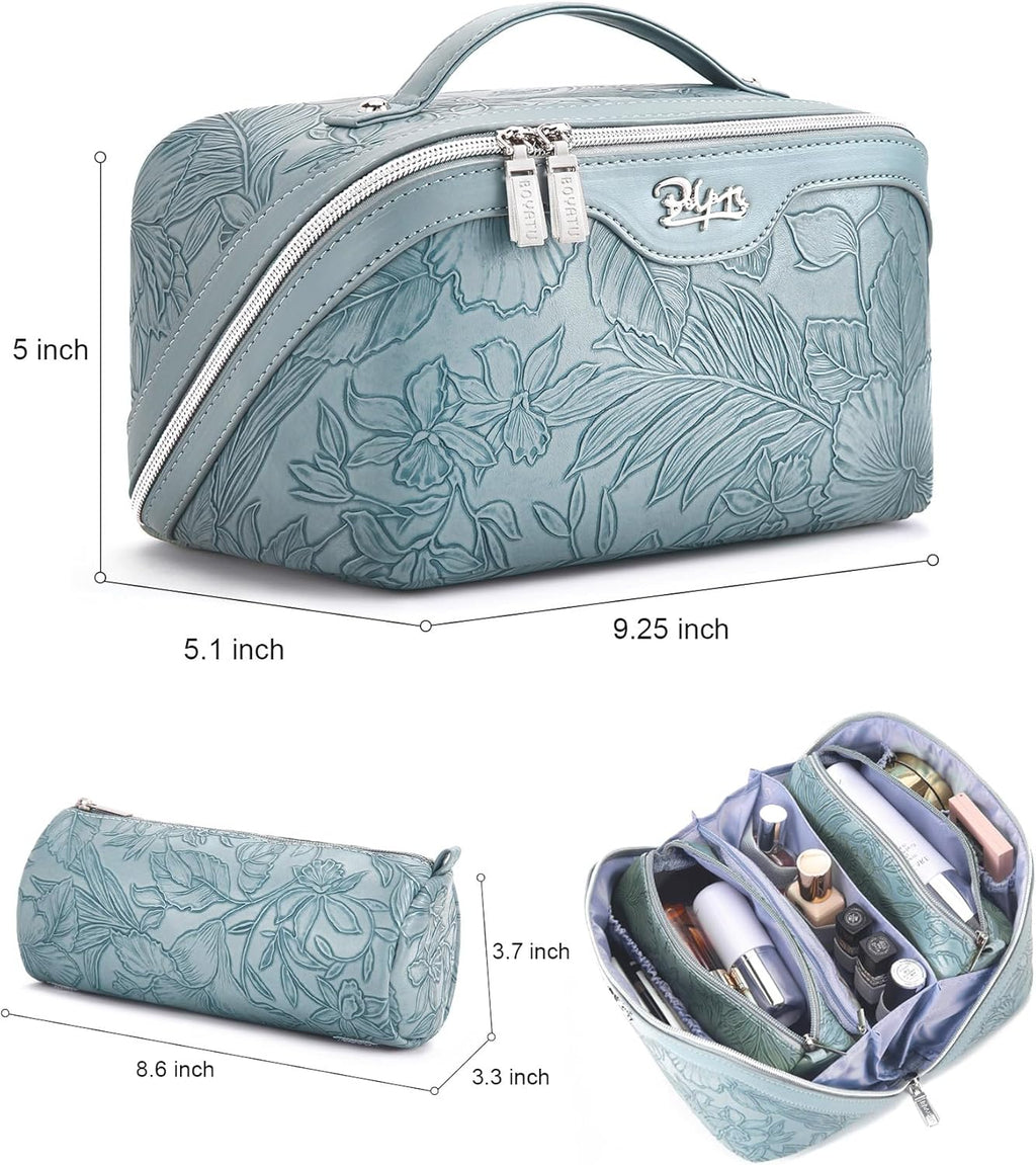 BOYATU Travel Makeup Bags Cosmetic Organizer Bag: 3 Pcs Set Large Capacity Floral Make up Bag with Compartments - Waterproof Leather Toiletry Bags with Handle for Women (01-Light Blue)