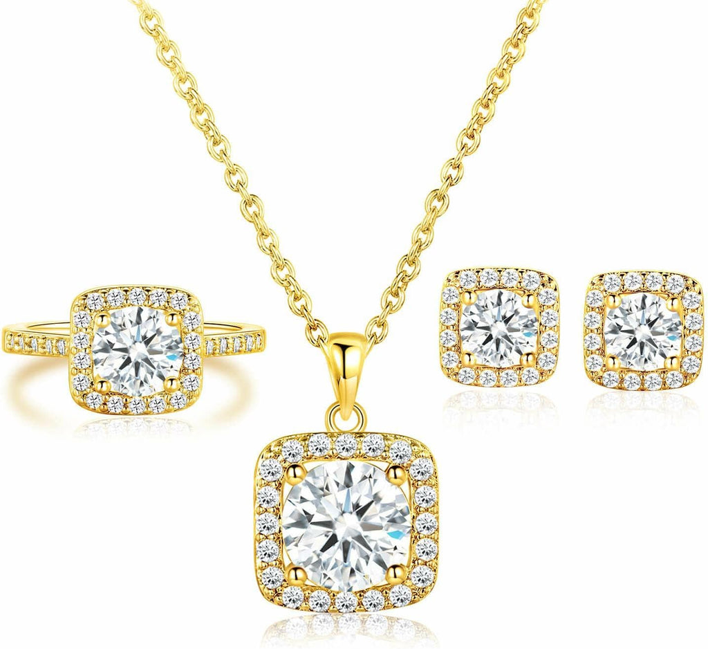 Gemsme Jewelry Set for Women, 18K Rose Gold Plated Halo Cubic Zirconia Necklace/Earrings/Rings Wedding Hypoallergenic Jewelry Three-In-One