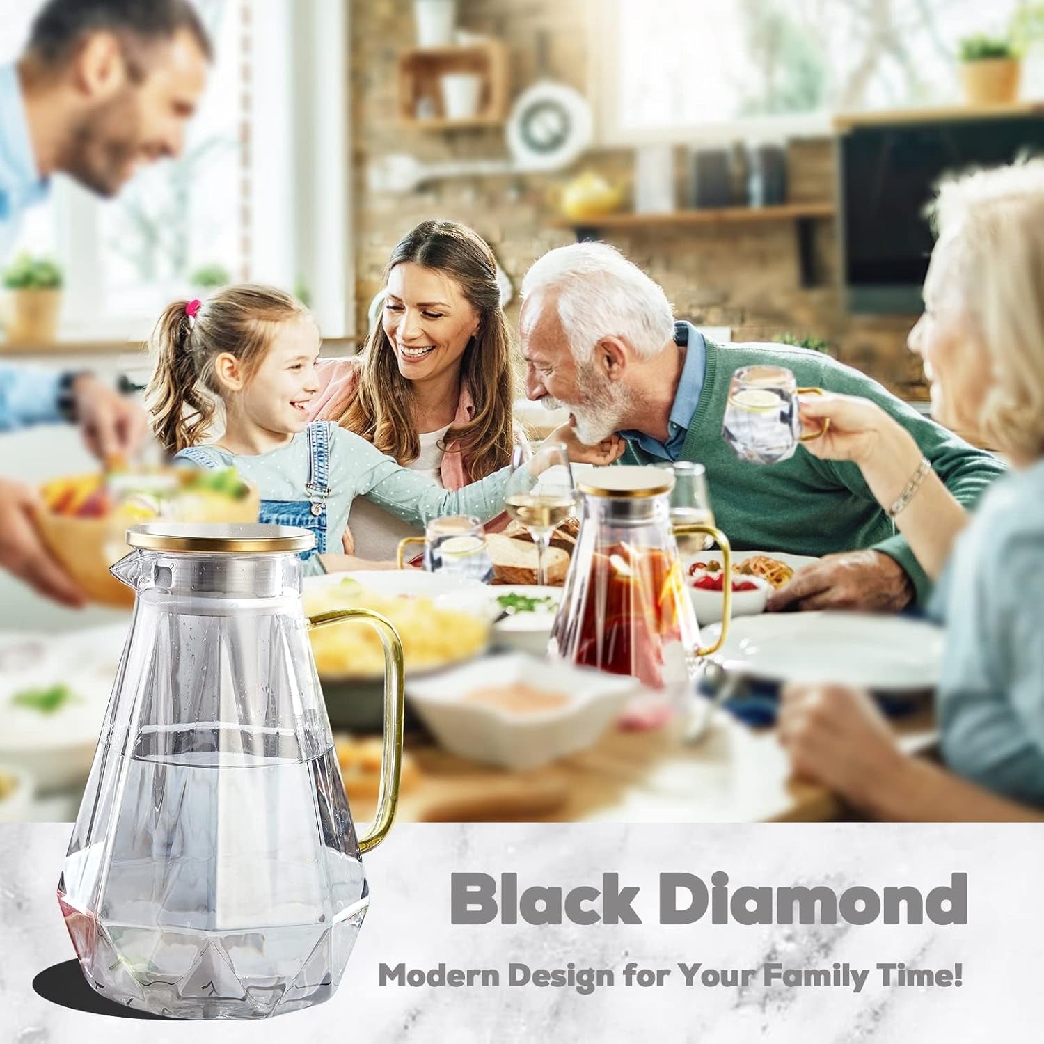 DUJUST Black Diamond Glass Pitcher with Lid [68 Oz], Elegant Design Water Pitcher with Handle, Decoration for Room, High Durability Water Glass Carafe for Ice Tea Maker, Beverage, Hot/Cold Coffee