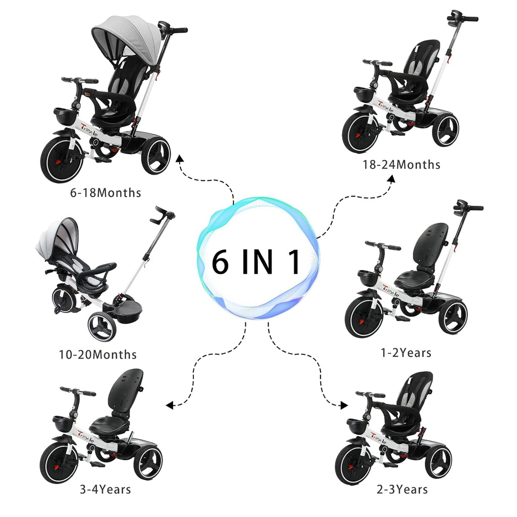 UBRAVOO Baby Tricycle,6-In-1 Baby Push Bike Steer Stroller,Learning Toddler Bike/Detachable Guardrail,Adjustable Canopy,Safety Harness,Folding Pedal,Storage Basket,Brake,Shock Absorption