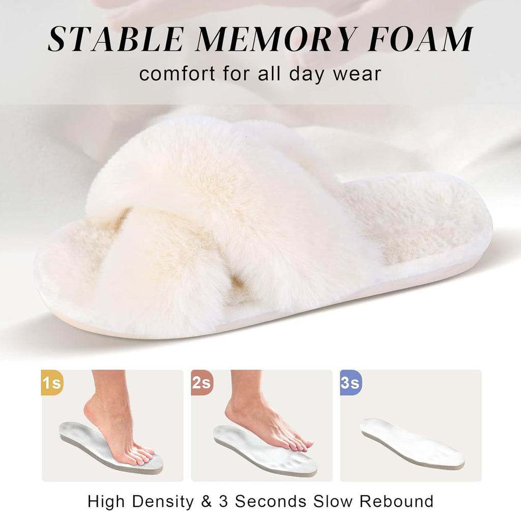 Parlovable Women'S Fuzzy Cross Band Slippers, Memory Foam House Shoes with Anti-Slip Rubber Sole, Open Toe Plush Fleece Indoor Slippers for Ladies, Cozy Gifts for Women