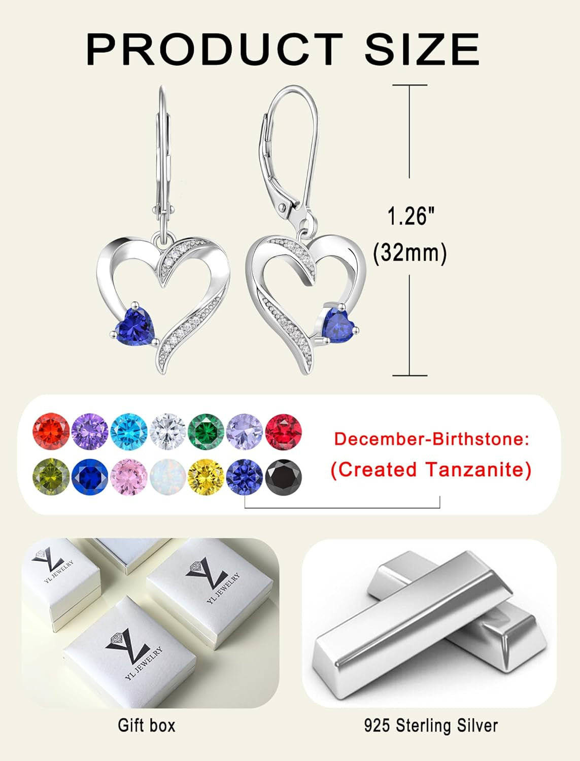 YL Heart Dangle Earrings 925 Sterling Silver Drop Earrings Birthstone Leverback Jewelry for Women