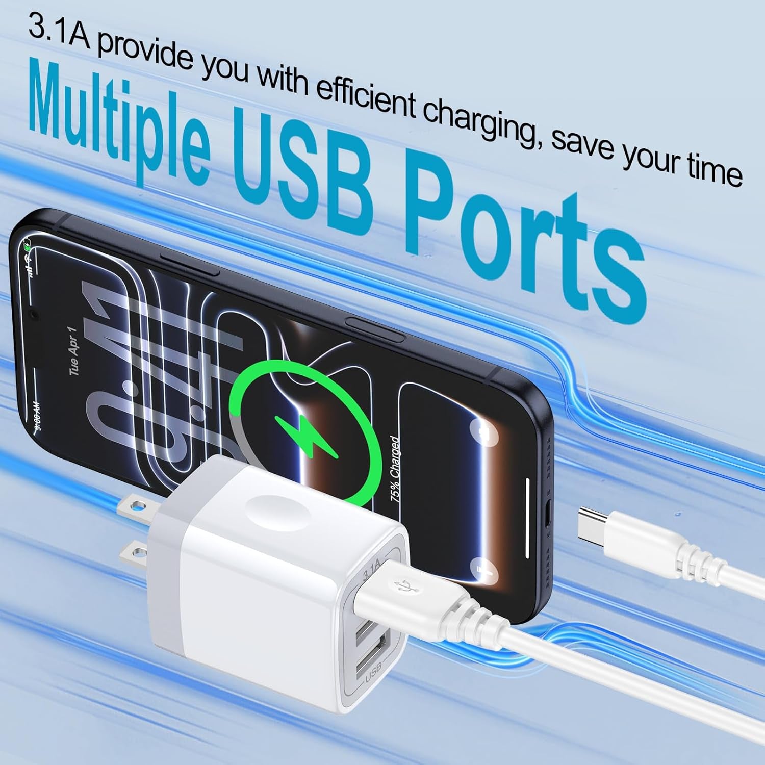 USB Wall Charger, Hootek 2Pack Wall Plug 3-Port USB Charging Station 3.1A Power Adapter Multi Port Quick Charger Block Cube for Iphone 17 16 15 14 13 12 11 Pro XS MAX 8 Ipad Samsung Galaxy S25 S24 S23