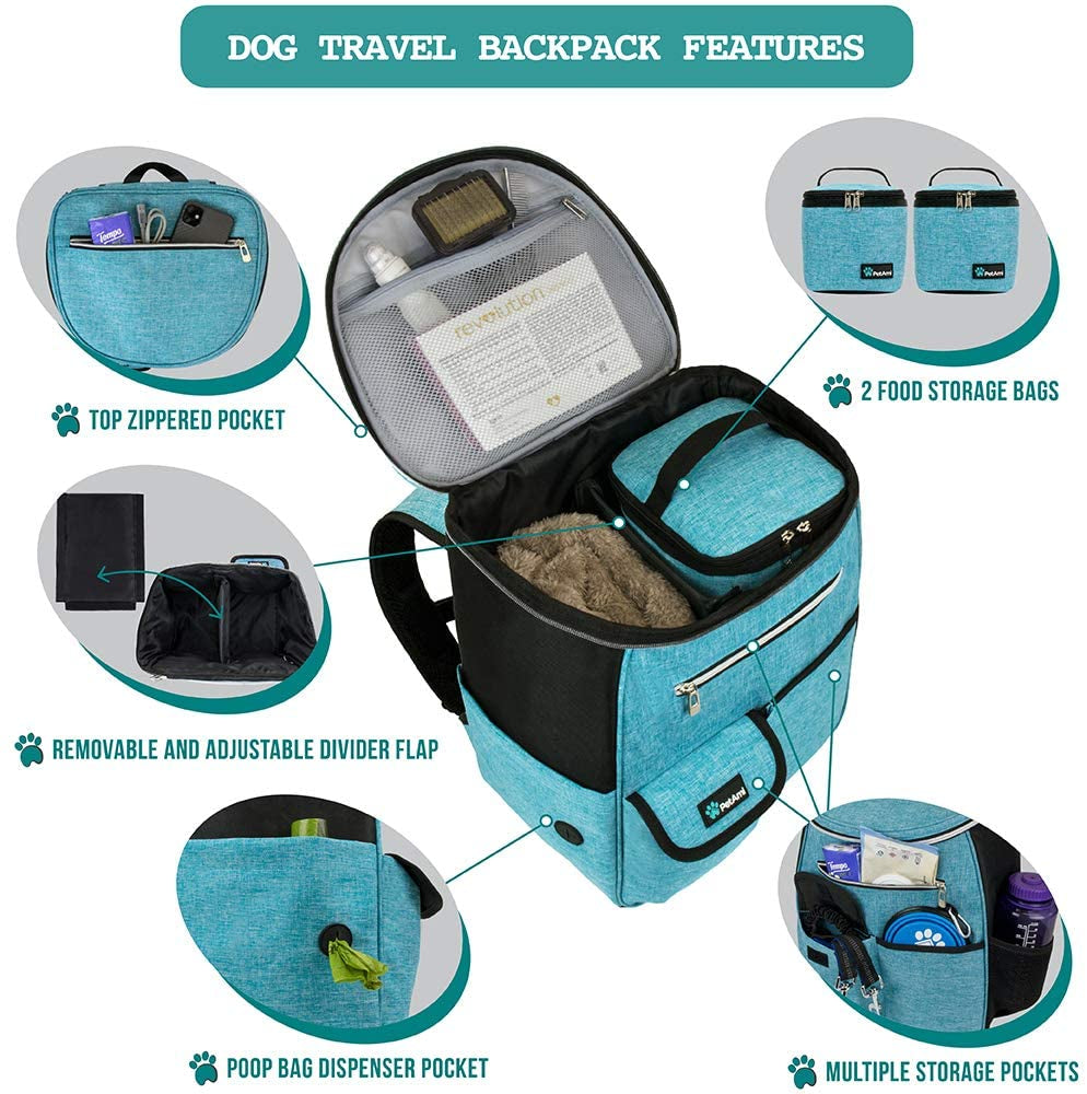 Petami Dog Travel Bag Backpack, 27L Airline Approved Pet Supplies Organizer with 2 Food Containers, 2 Collapsible Bowls & Poop Bag Dispenser, Weekend Road Trip Camping Dog Mom Gift, Teal Blue