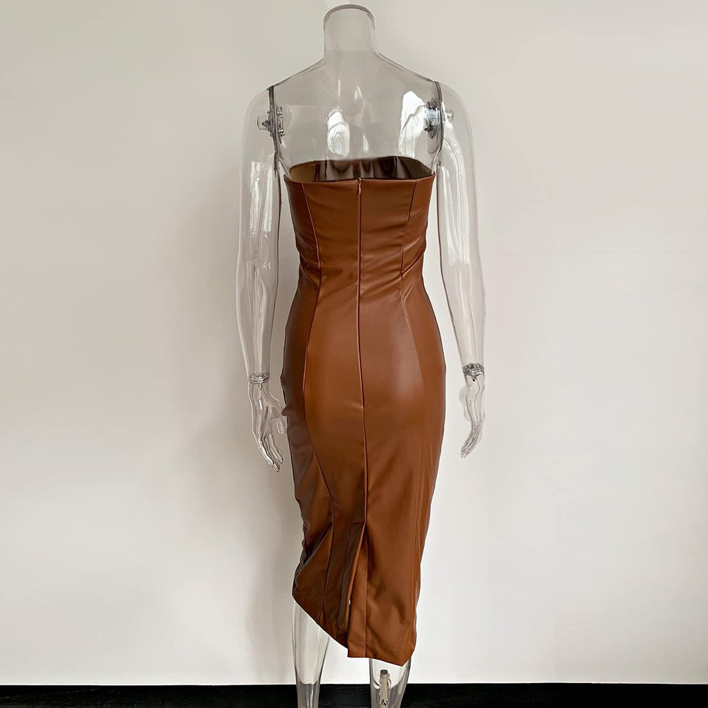 XLLAIS Women Sexy Strapless Tube Top Club Midi Dress off Shoulder Bodycon Party Faux Leather Dress