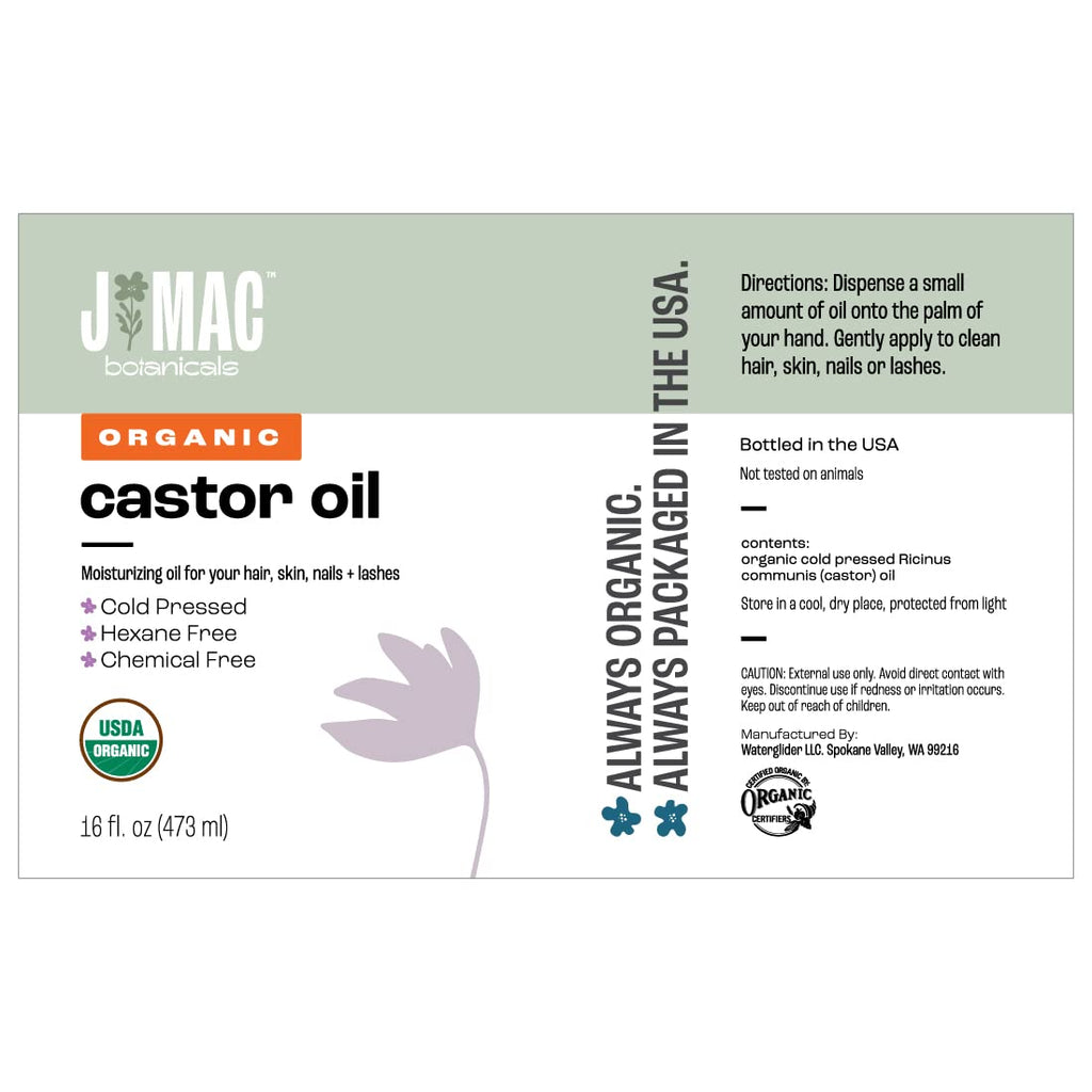 J MAC BOTANICALS Organic Castor Oil Cold Pressed in Amber Glass Bottle (16 Oz) USDA Certified, Hexane Free - Moisturizing Oil for Hair, Skin, Face, Eyelashes, Brows, Nails, and Castor Wraps