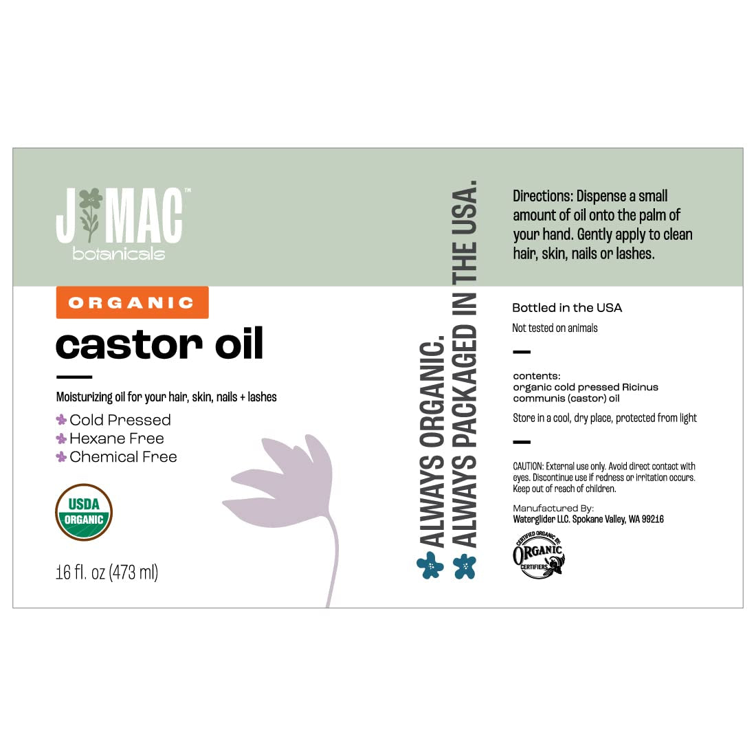 J MAC BOTANICALS Organic Castor Oil Cold Pressed in Amber Glass Bottle (16 Oz) USDA Certified, Hexane Free - Moisturizing Oil for Hair, Skin, Face, Eyelashes, Brows, Nails, and Castor Wraps