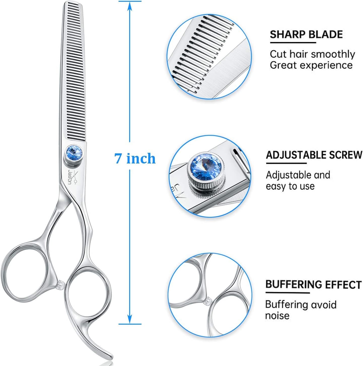 JASON 7" 50 Teeth Thinning Dog Grooming Blending Scissor, Ergonomic Pet Grooming Thinner Blender Shears Cat Trimming Texturizing Kit with Offset Handle and a Jewelled Screw 30% Thinning Rate Christmas