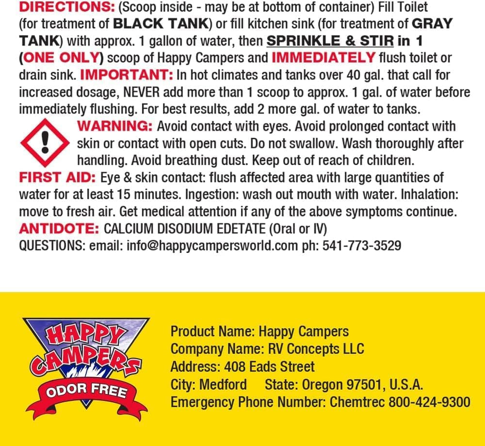 Happy Campers RV Toilet Treatment & Holding Tank Treatment - Controls Odors, Helps Prevent Clogs, Buildup & Sensor Issues in RV Black & Gray Tanks – Supports Reliable Dumping (18 Treatments)