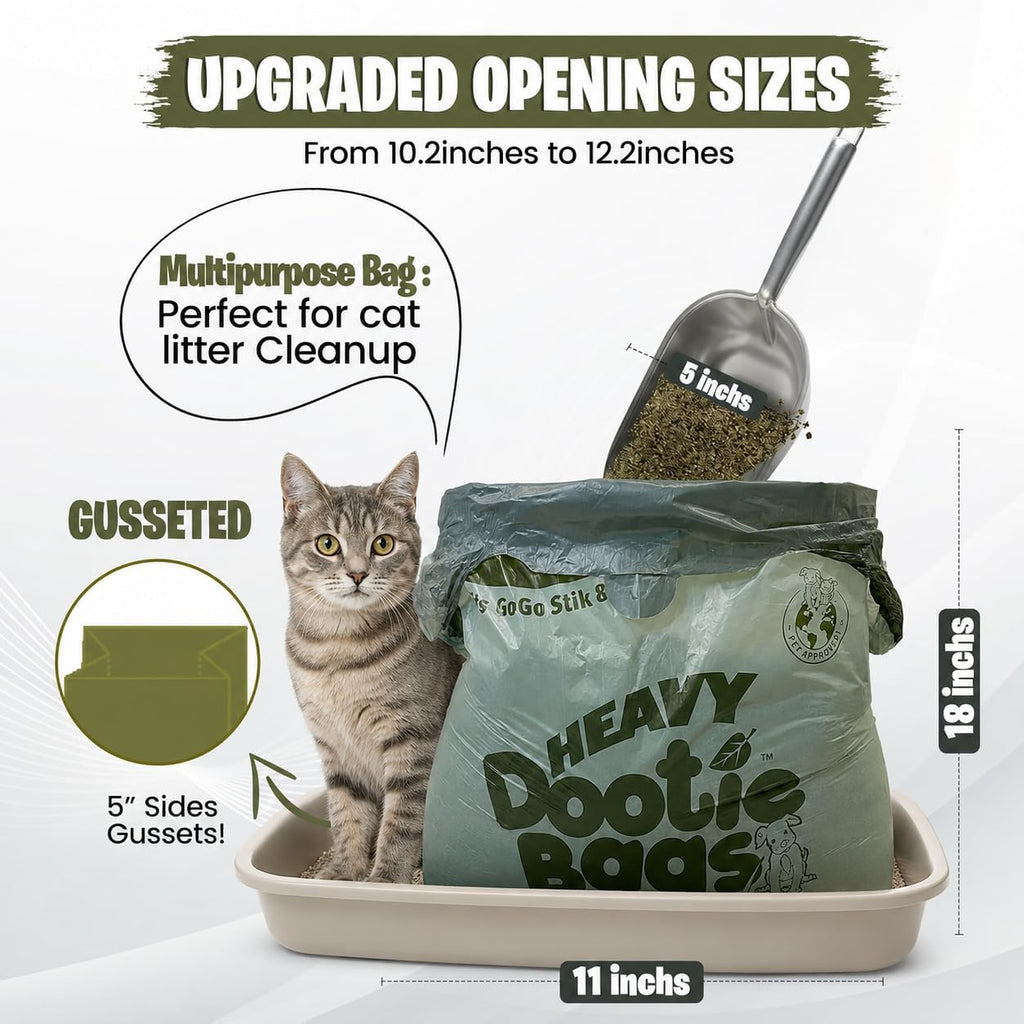 HEAVY Dootie Bags with EZ Tie Handles. Clean and Convenient for Pet Dog Poop, Cat Litter. Multi-Use. Great for Swivel Bin and Gogo Stik Scoopers. Made with Cornstarch. Strong, Leakproof and Very Large