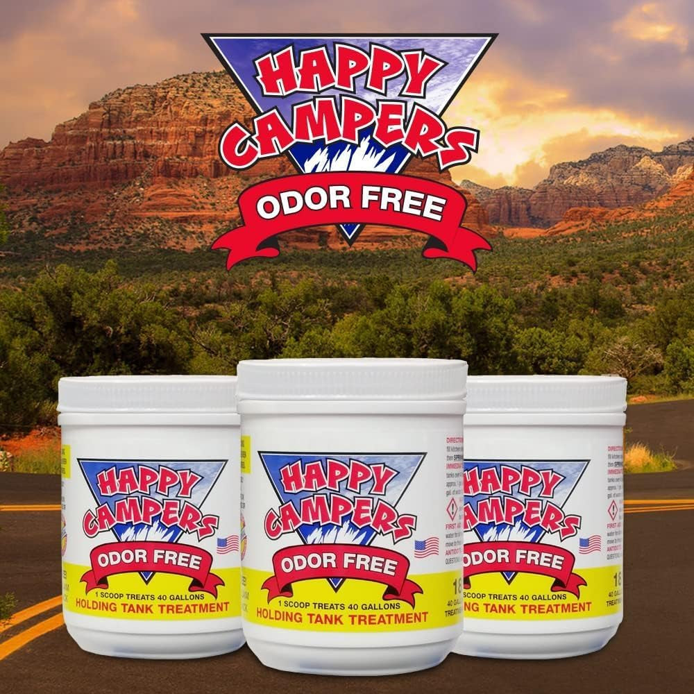Happy Campers RV Toilet Treatment & Holding Tank Treatment - Controls Odors, Helps Prevent Clogs, Buildup & Sensor Issues in RV Black & Gray Tanks – Supports Reliable Dumping (18 Treatments)