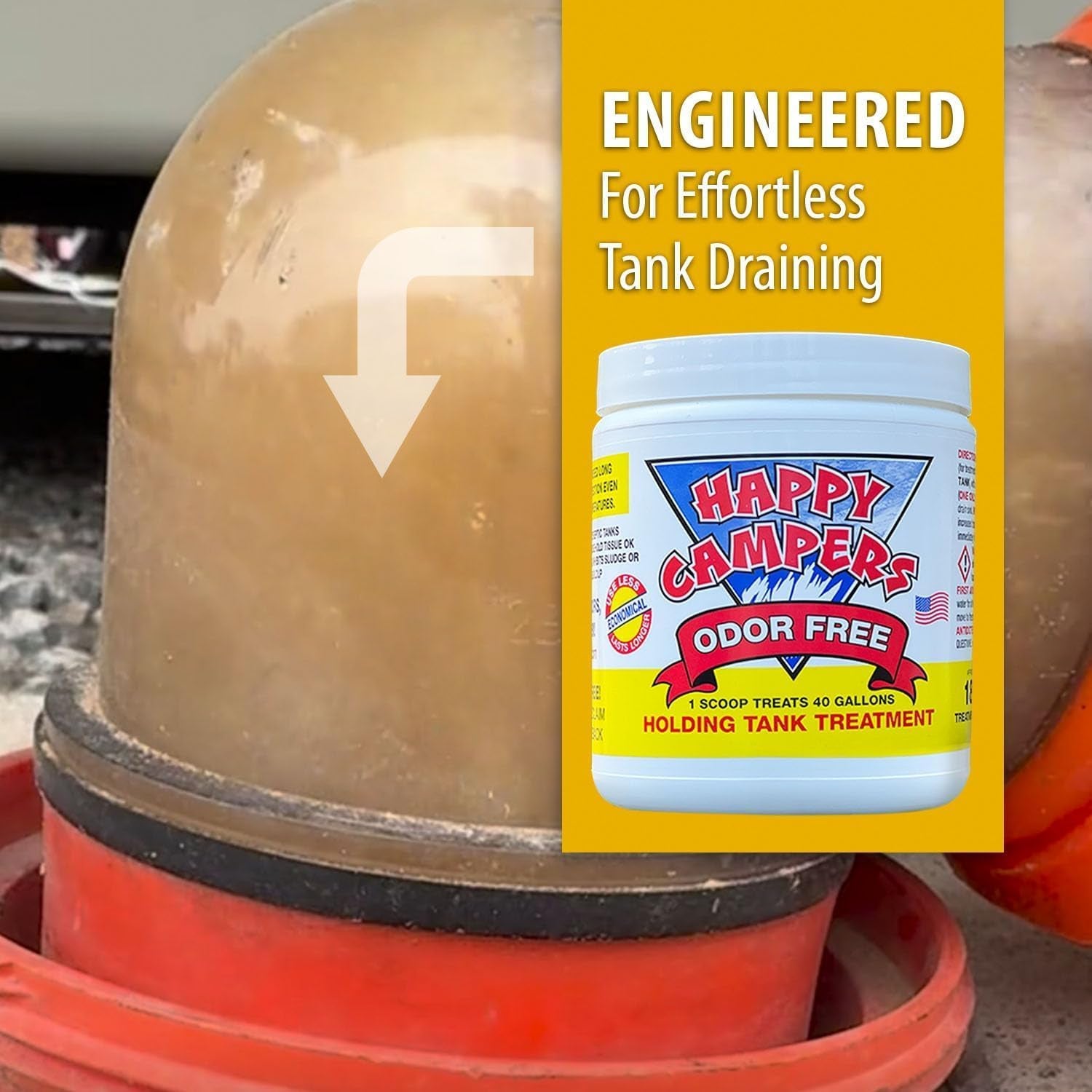 Happy Campers RV Toilet Treatment & Holding Tank Treatment - Controls Odors, Helps Prevent Clogs, Buildup & Sensor Issues in RV Black & Gray Tanks – Supports Reliable Dumping (18 Treatments)