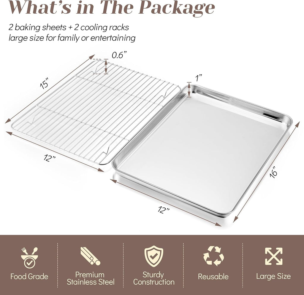 Teamfar Baking Sheet with Rack Set (2 Pans + 2 Racks), 16 X 12 X 1 Inch, Stainless Steel Baking Pan Cookie Sheet with Cooling Rack for Baking, Non Toxic & Healthy, Easy Clean & Dishwasher Safe