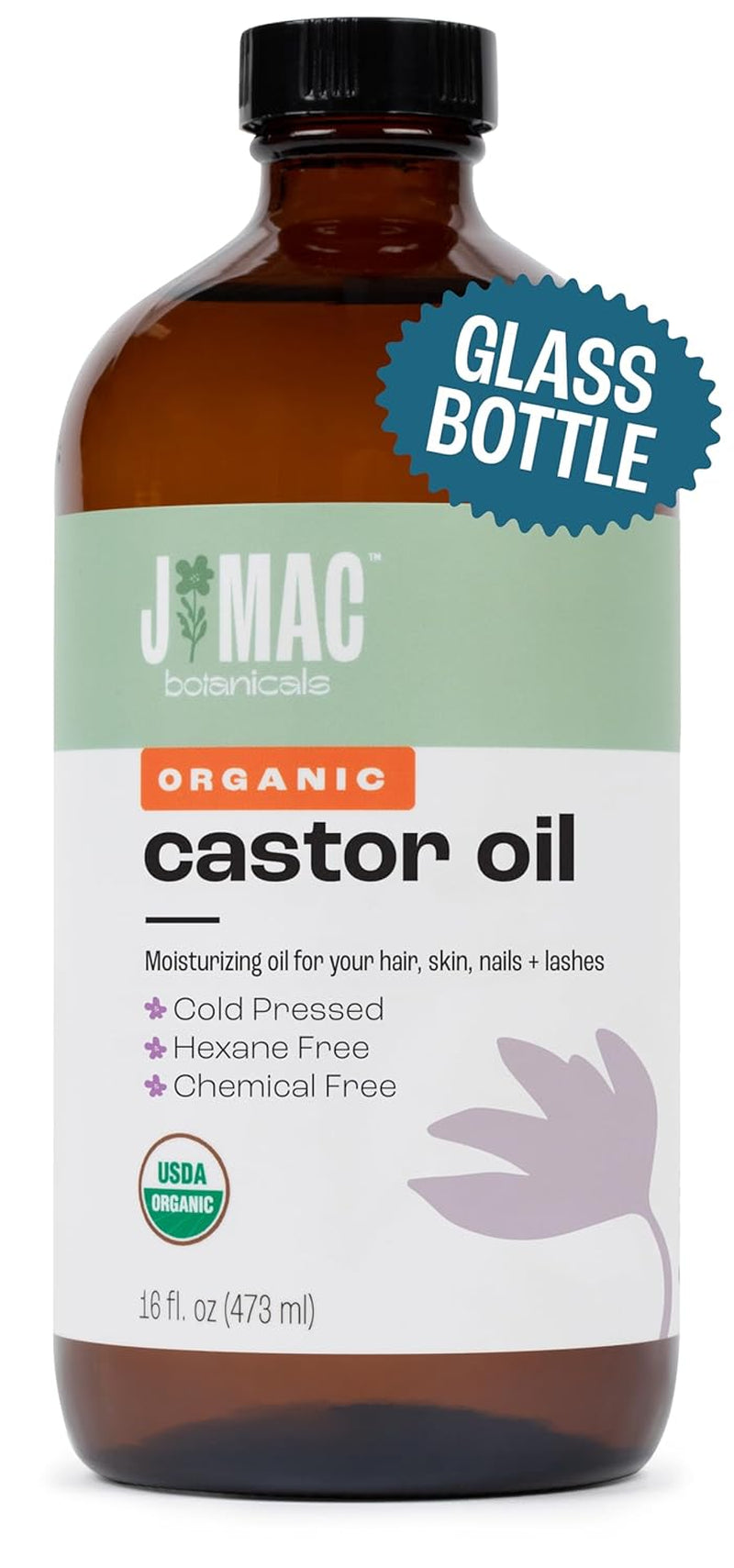 J MAC BOTANICALS Organic Castor Oil Cold Pressed in Amber Glass Bottle (16 Oz) USDA Certified, Hexane Free - Moisturizing Oil for Hair, Skin, Face, Eyelashes, Brows, Nails, and Castor Wraps