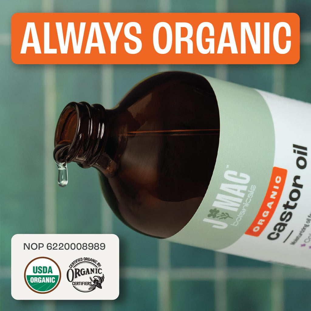 J MAC BOTANICALS Organic Castor Oil Cold Pressed in Amber Glass Bottle (16 Oz) USDA Certified, Hexane Free - Moisturizing Oil for Hair, Skin, Face, Eyelashes, Brows, Nails, and Castor Wraps