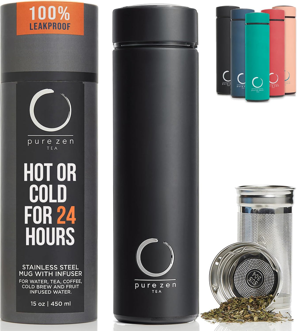 Pure Zen Tea Thermos with Infuser for Hot and Cold Infusions, Coffee and Fruit-Infused Water - Stainless Steel - Tea Infuser Bottle - Leakproof Travel Mug with Filter - 15Oz - Black