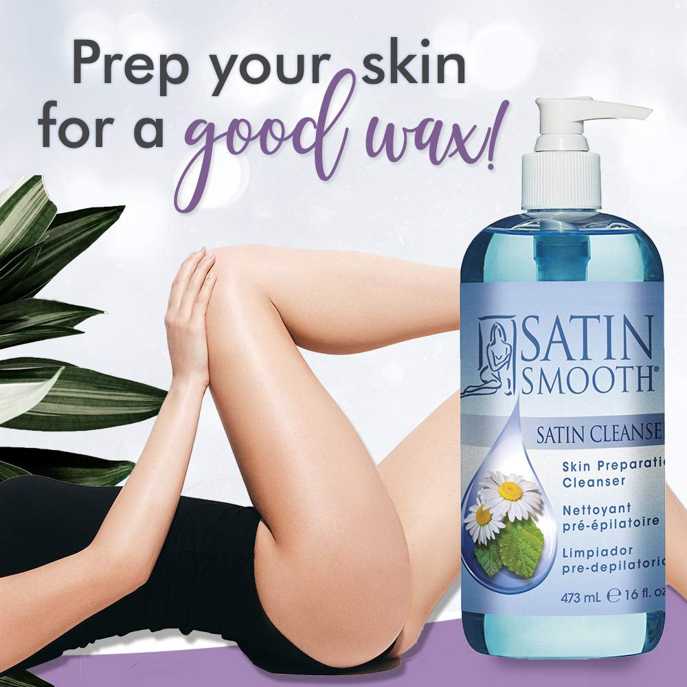SATIN SMOOTH Pre Wax Cleanser - Antiseptic Formula for Pre Wax Hair Removal Skin Prep, Deep Cleansing & Irritation-Free Waxing, Afterwax Care, 16 Oz