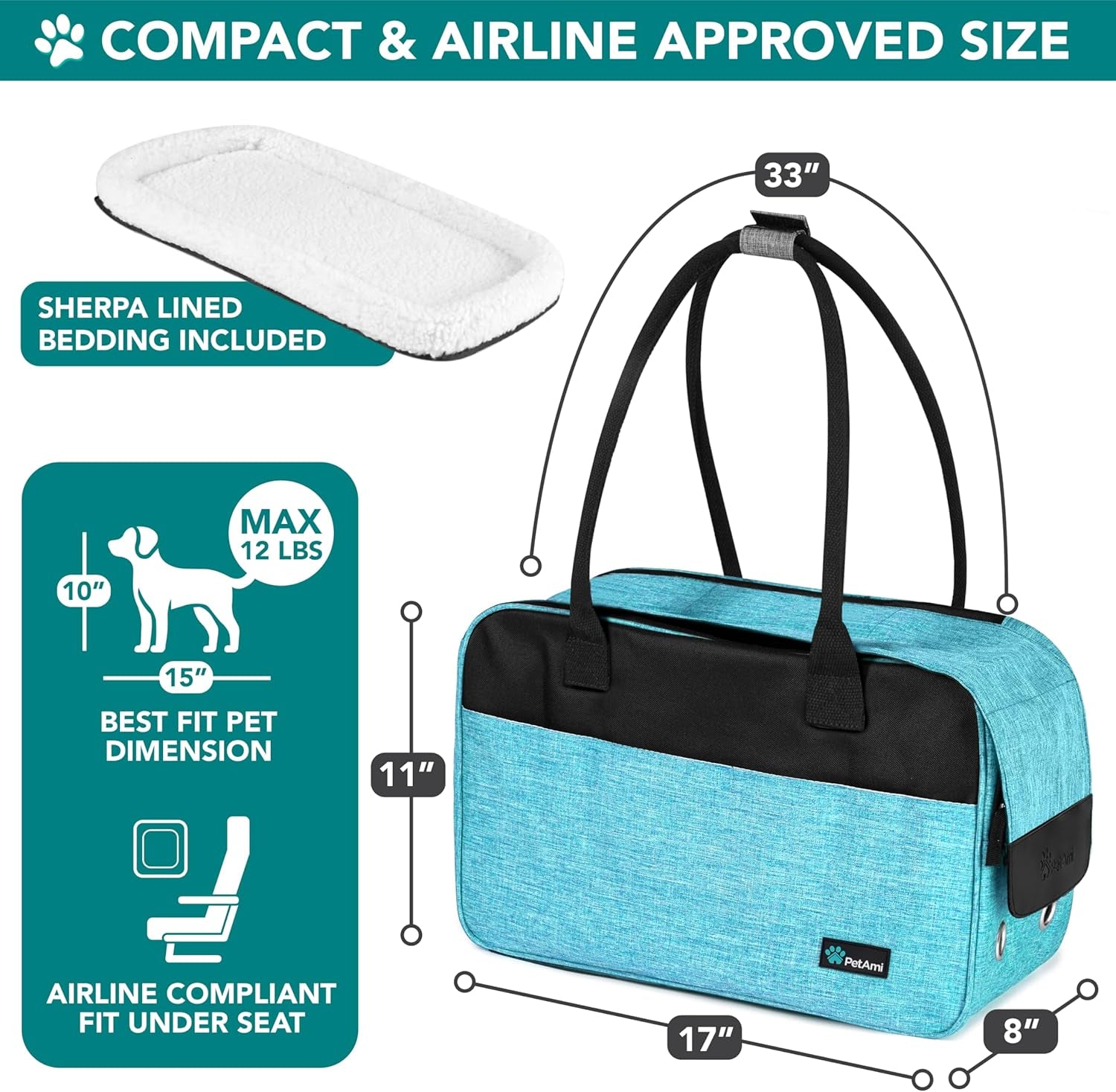 Petami Dog Purse Carrier for Small Dogs Cats, TSA Airline Approved Soft-Sided Pet Carrier with Pockets, Ventilated Travel Tote Bag with Bed & Shoulder Strap, Puppy Kitten, Max 12 Lbs, Turquoise