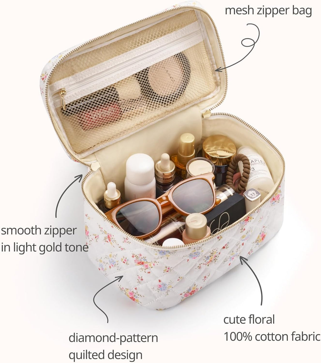 Popvibe Floral Quilted Makeup Bag Set of 3 Piece, Cute Travel Makeup Bags Coquette White Flower Cosmetic Pouch, Aesthetic Cotton Quilt Cloth Toiletry Traveling Bag for Women, Girls