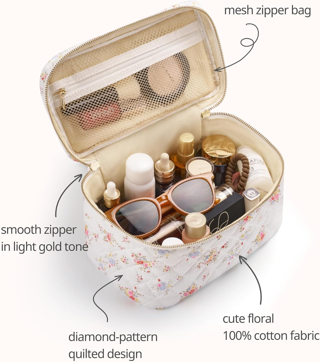 Popvibe Floral Quilted Makeup Bag Set of 3 Piece, Cute Travel Makeup Bags Coquette White Flower Cosmetic Pouch, Aesthetic Cotton Quilt Cloth Toiletry Traveling Bag for Women, Girls
