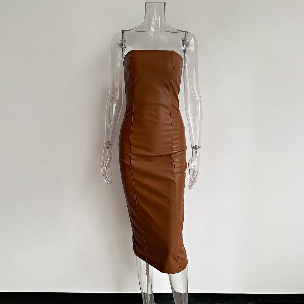 XLLAIS Women Sexy Strapless Tube Top Club Midi Dress off Shoulder Bodycon Party Faux Leather Dress