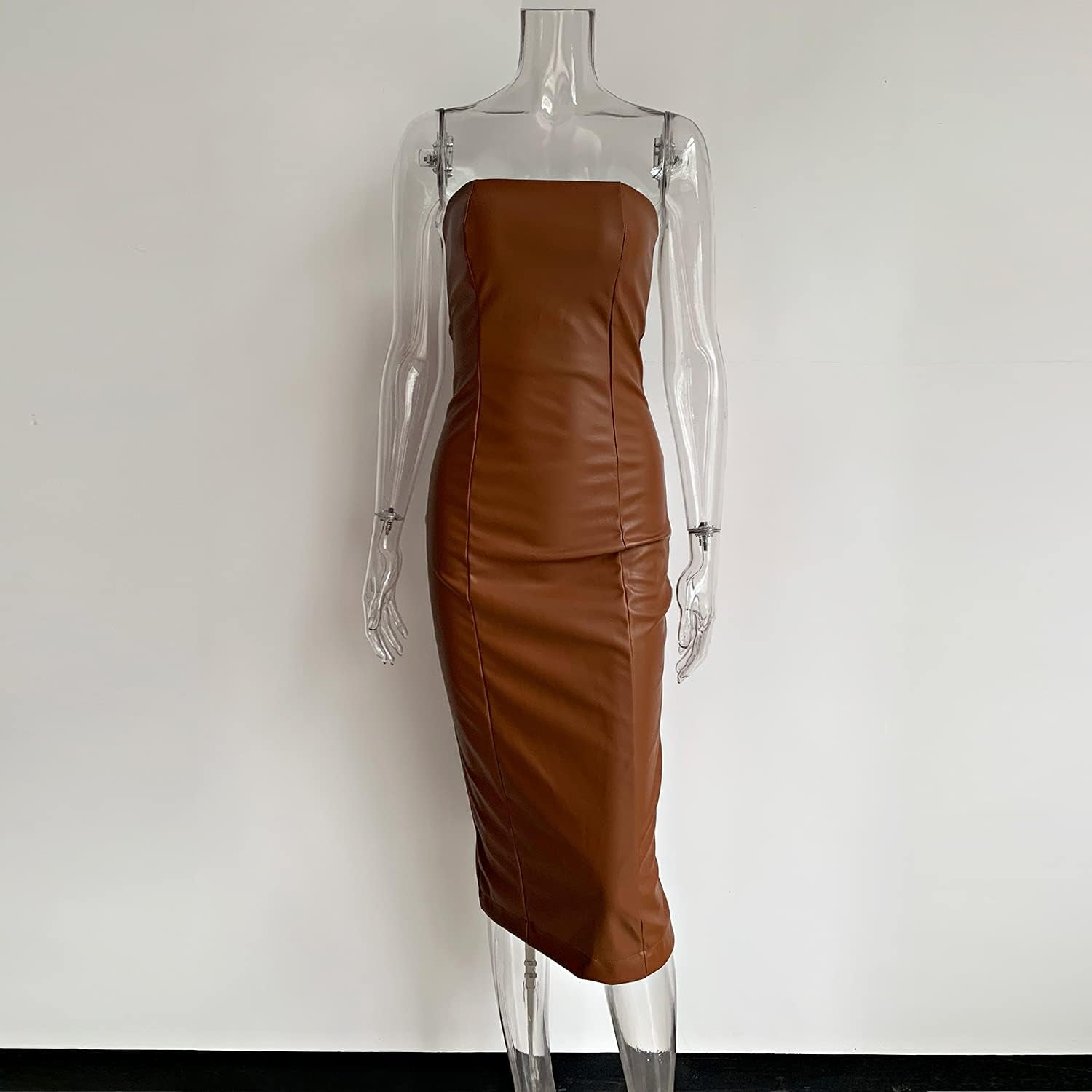 XLLAIS Women Sexy Strapless Tube Top Club Midi Dress off Shoulder Bodycon Party Faux Leather Dress