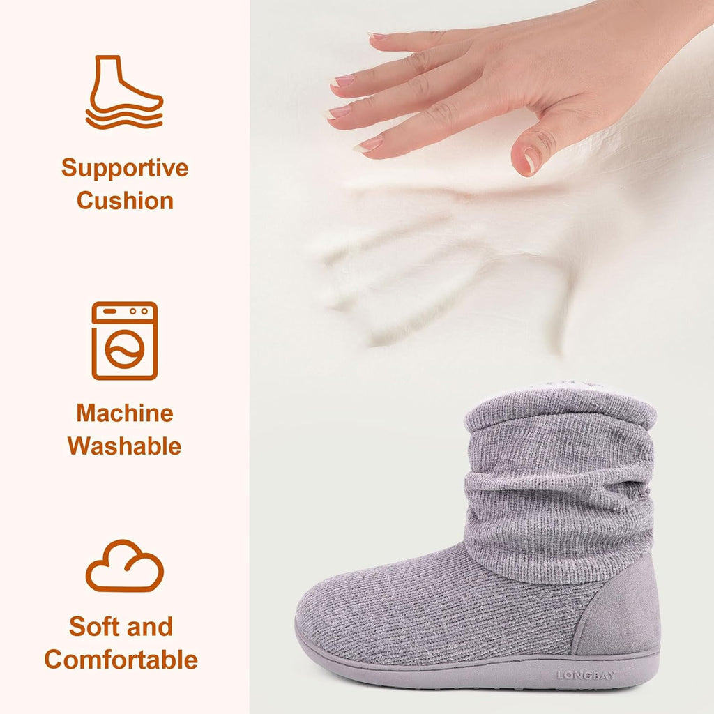 Longbay Women'S Cozy Winter Slipper Boots Warm Chenille Knit Bootie Memory Foam Non-Slip Indoor Outdoor House Shoes