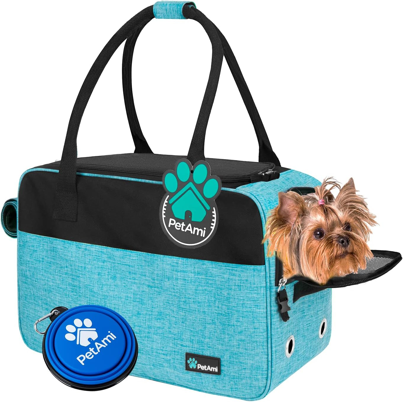 Petami Dog Purse Carrier for Small Dogs Cats, TSA Airline Approved Soft-Sided Pet Carrier with Pockets, Ventilated Travel Tote Bag with Bed & Shoulder Strap, Puppy Kitten, Max 12 Lbs, Turquoise
