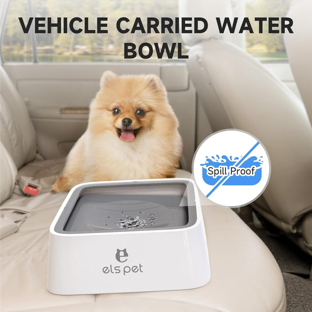 ELS PET No Spill Slow Water Feeder - Large Capacity 70Oz/2L Travel Bowl for Dogs & Cats Anti-Gulping, Keeps Floor & Beard Dry, Dishwasher Safe, Activated Carbon Filter Included (Grey)
