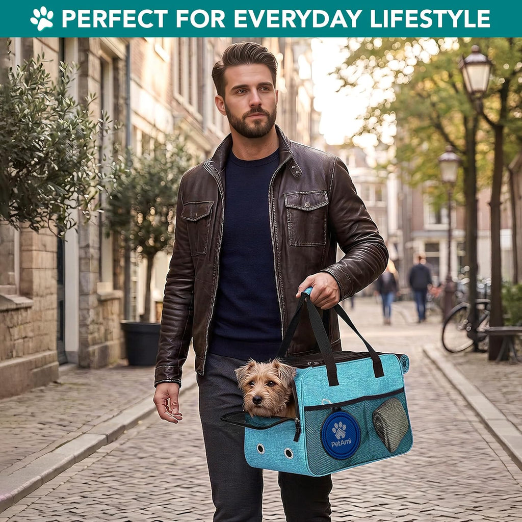 Petami Dog Purse Carrier for Small Dogs Cats, TSA Airline Approved Soft-Sided Pet Carrier with Pockets, Ventilated Travel Tote Bag with Bed & Shoulder Strap, Puppy Kitten, Max 12 Lbs, Turquoise