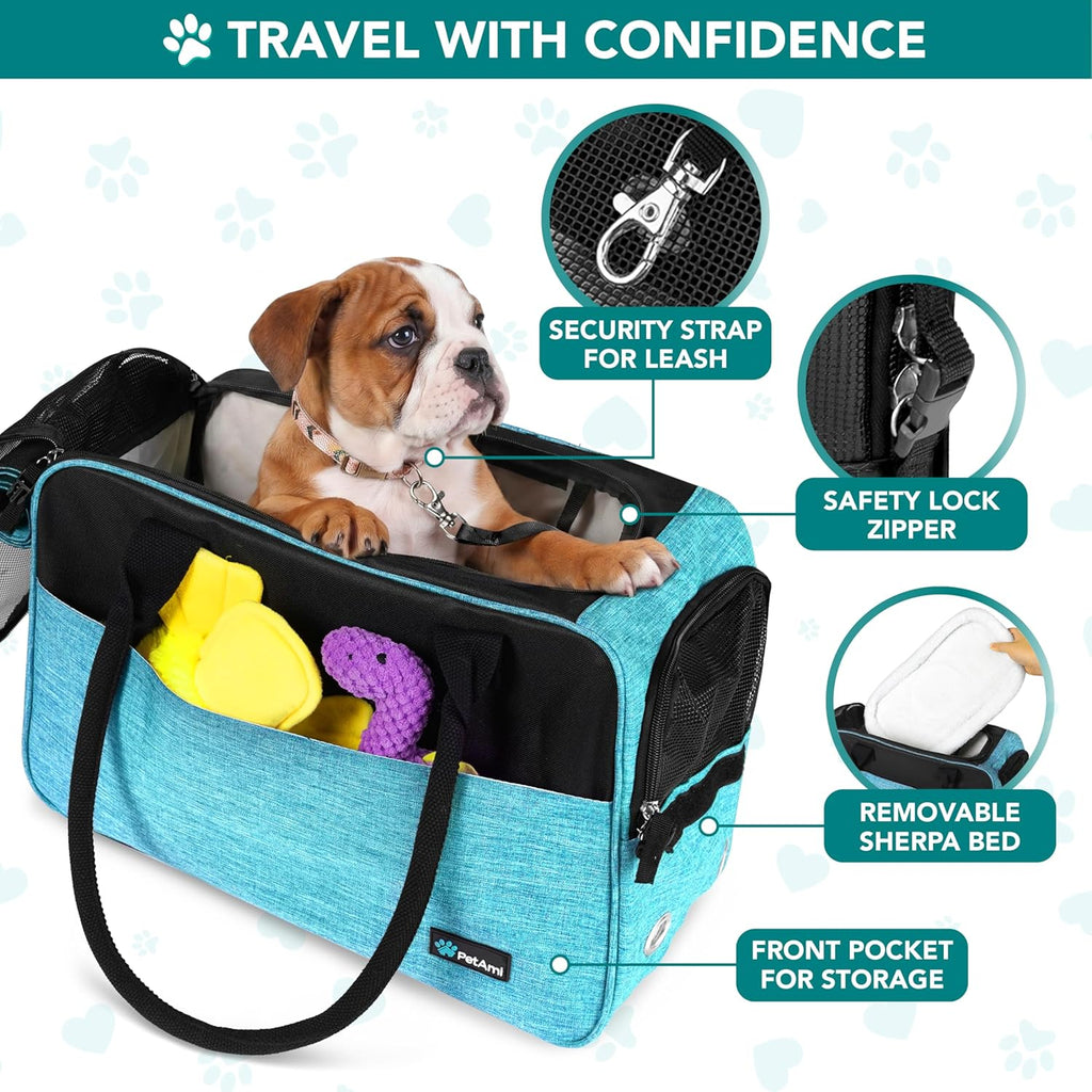 Petami Dog Purse Carrier for Small Dogs Cats, TSA Airline Approved Soft-Sided Pet Carrier with Pockets, Ventilated Travel Tote Bag with Bed & Shoulder Strap, Puppy Kitten, Max 12 Lbs, Turquoise