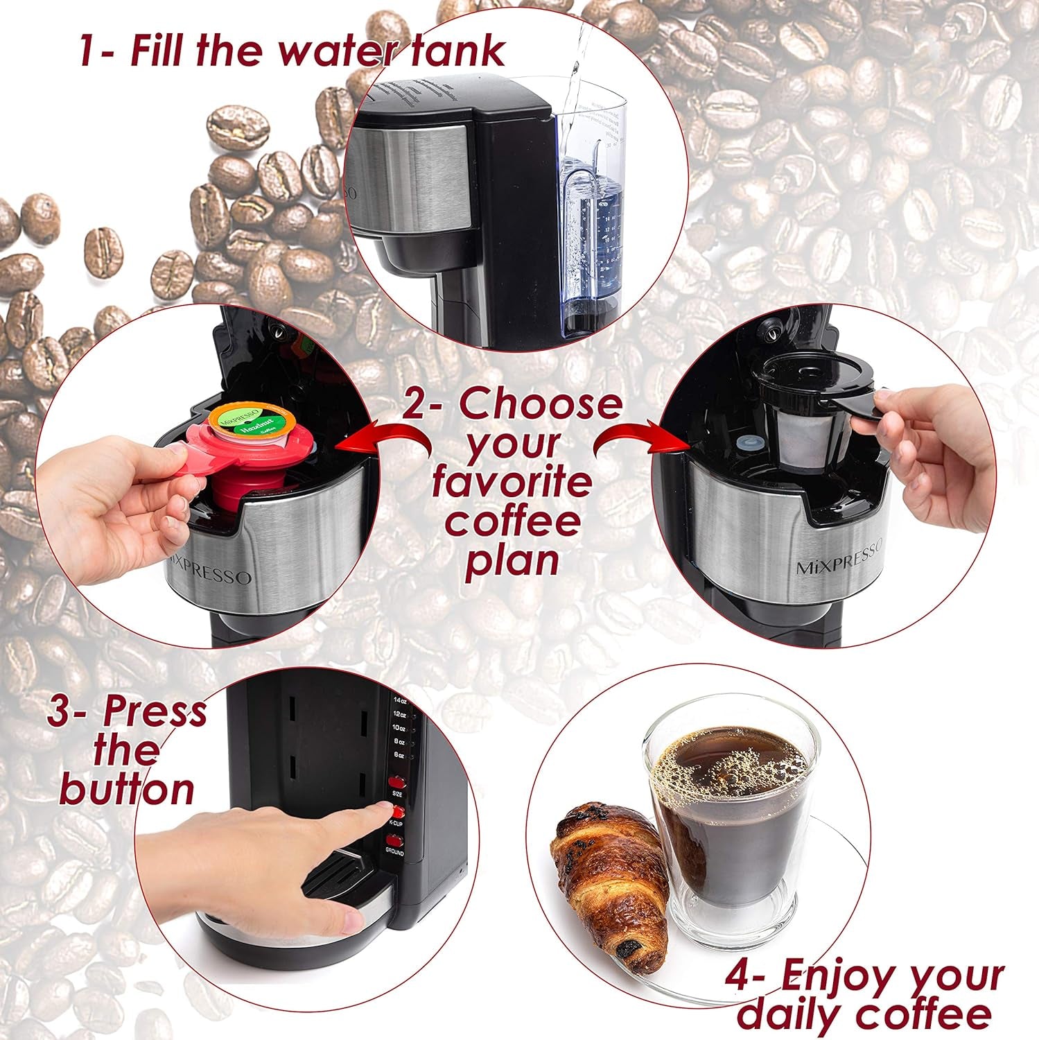 Mixpresso Black Single Serve Coffee Brewer K-Cup Pods Compatible & Ground, 30 Oz Compact Coffee Maker Single Serve with 5 Brew Sizes up to 14 Oz, Fits Travel Mug, Adjustable Drip Tray