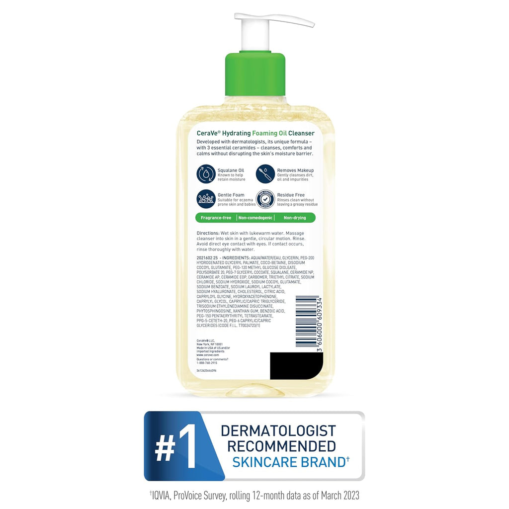 Cerave Hydrating Foaming Oil Facial Cleanser with Hyaluronic Acid, 19Oz | Face and Body Wash with Squalane Oil and Ceramides in a Fragrance Free, Residue Free Formula for Dry to Very Dry Skin.