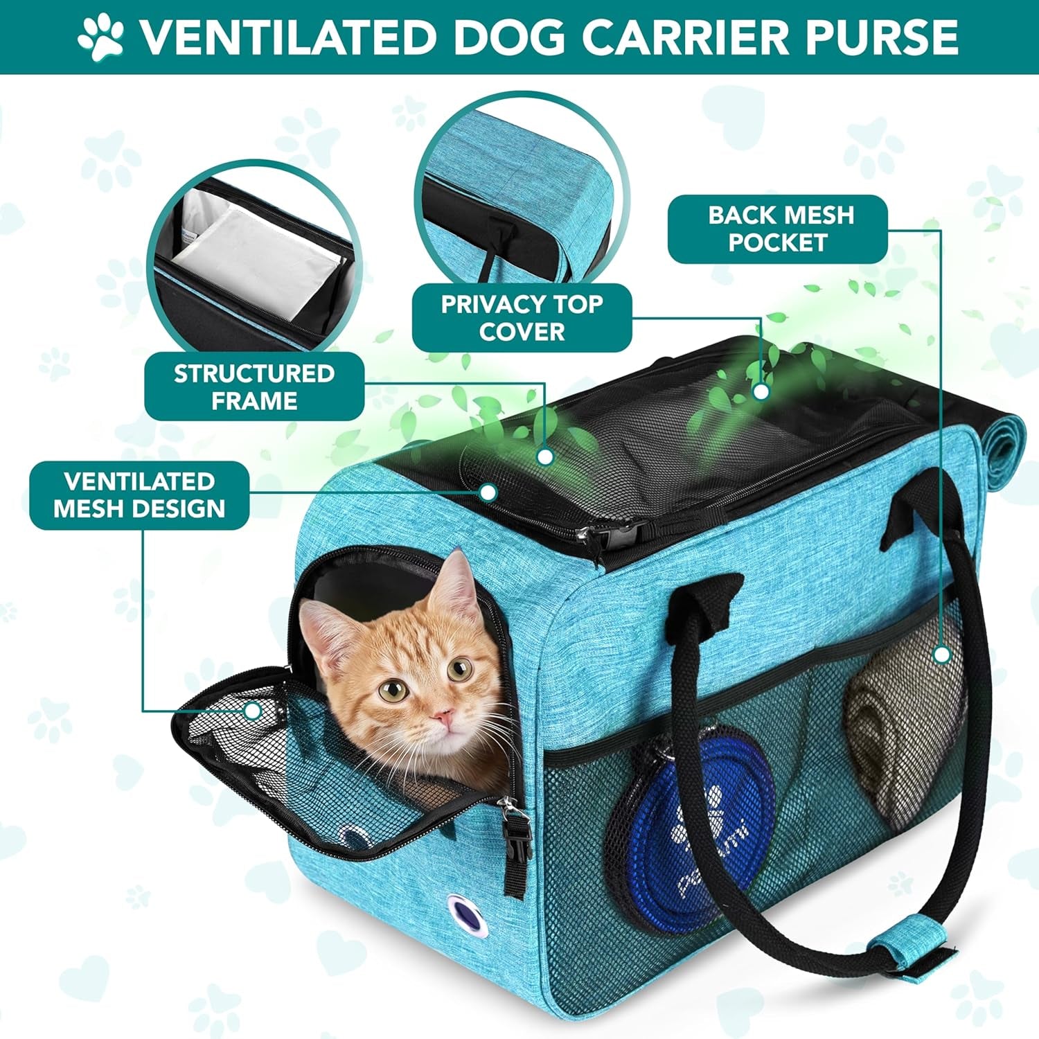 Petami Dog Purse Carrier for Small Dogs Cats, TSA Airline Approved Soft-Sided Pet Carrier with Pockets, Ventilated Travel Tote Bag with Bed & Shoulder Strap, Puppy Kitten, Max 12 Lbs, Turquoise