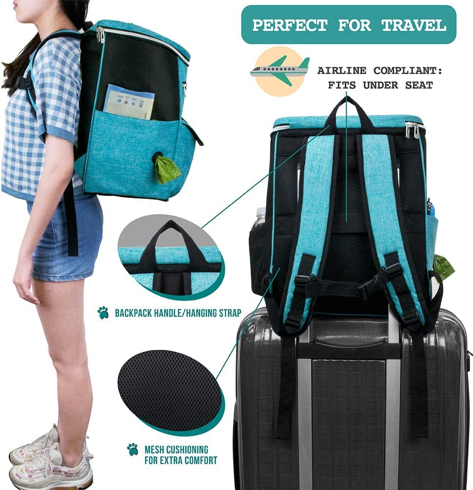 Petami Dog Travel Bag Backpack, 27L Airline Approved Pet Supplies Organizer with 2 Food Containers, 2 Collapsible Bowls & Poop Bag Dispenser, Weekend Road Trip Camping Dog Mom Gift, Teal Blue
