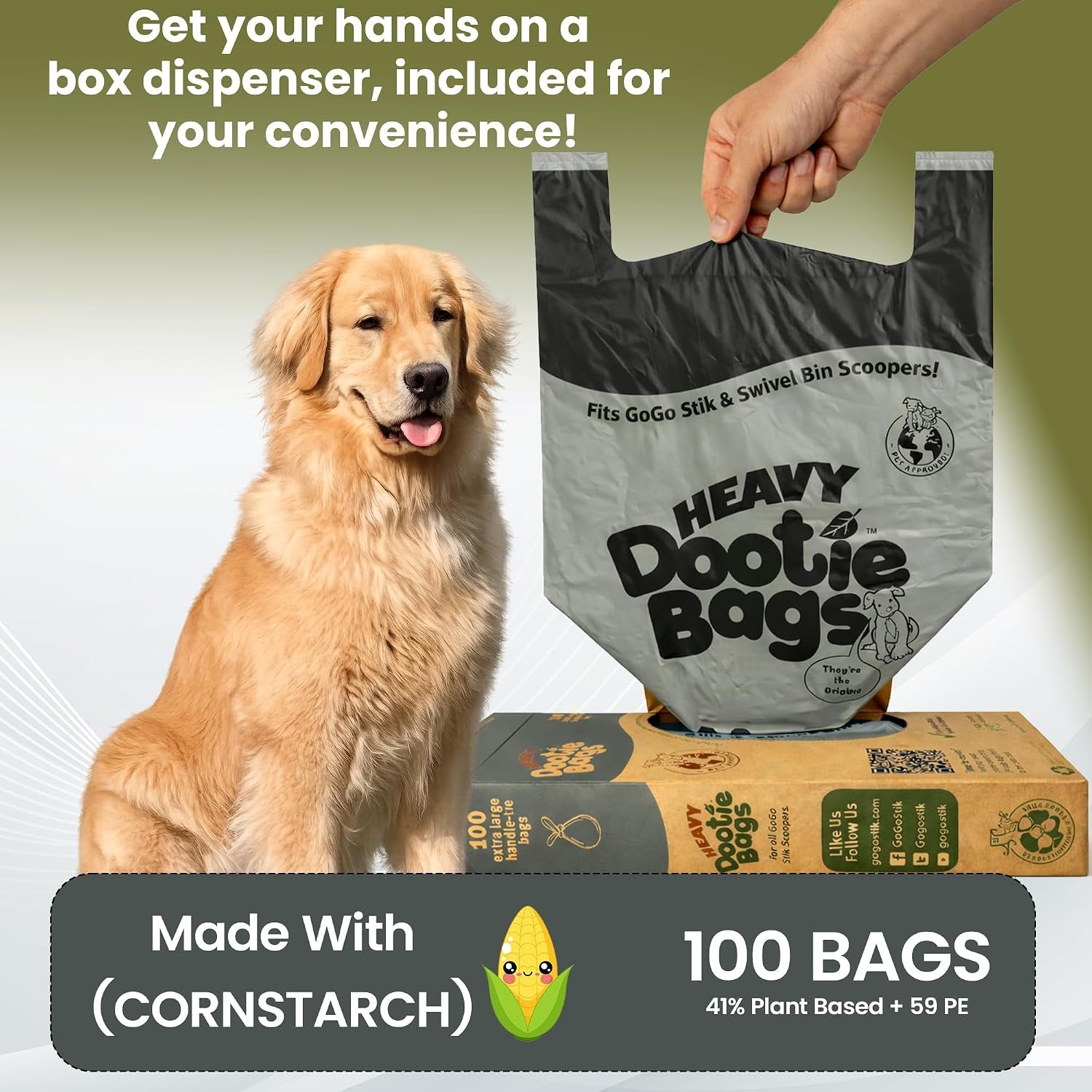 HEAVY Dootie Bags with EZ Tie Handles. Clean and Convenient for Pet Dog Poop, Cat Litter. Multi-Use. Great for Swivel Bin and Gogo Stik Scoopers. Made with Cornstarch. Strong, Leakproof and Very Large