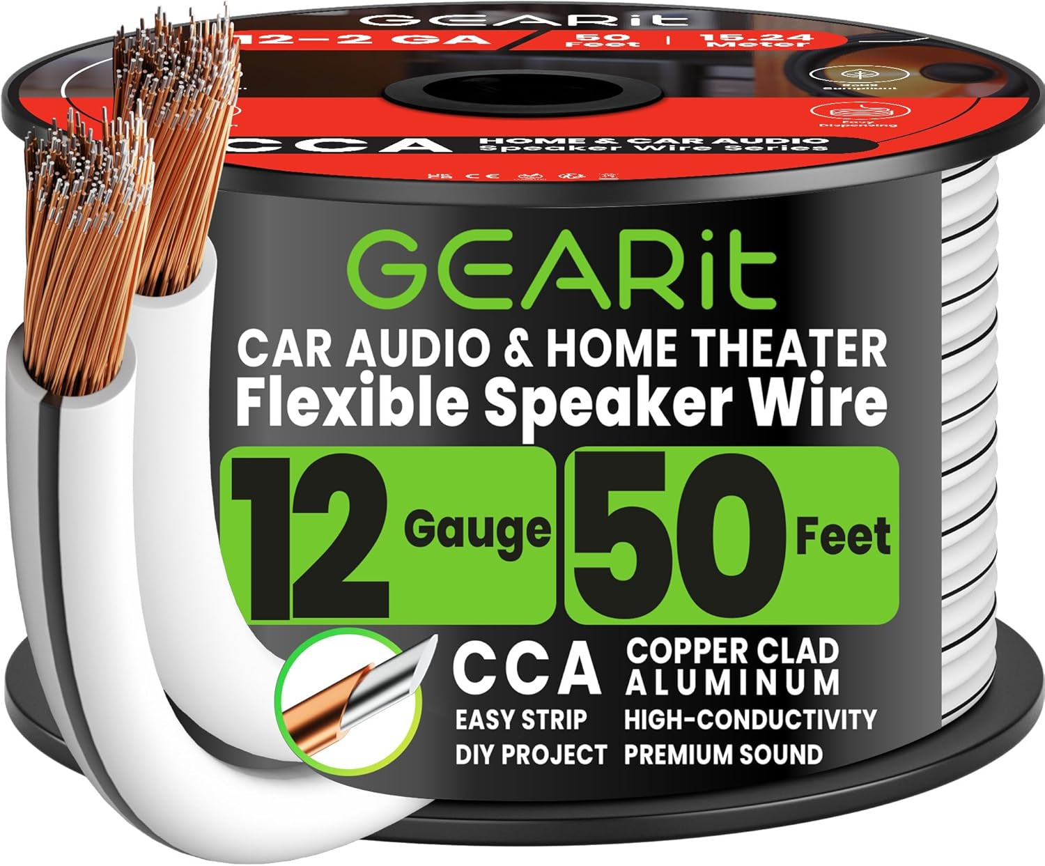 Gearit Speaker Wire 12 Gauge 50 Ft,Speaker Cable with Foot Markers & Polarity Markings,12 Gauge Wire for Car Audio & Home Theater Speakers,Audio Cable for DIY Installations,Cca(White)