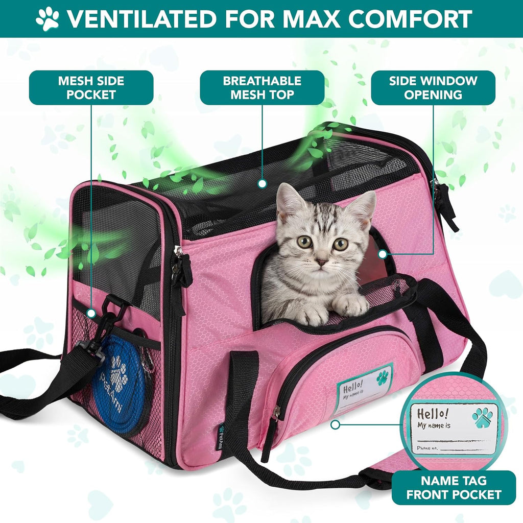 Petami Airline Approved Pet Carrier for Cats & Small Dogs, Soft Sided TSA Travel Carrier Bag with Sherpa Bed, Breathable Mesh Ventilation, Collapsible Bowl, Fits under Seat, up to 18 Lbs, Large Pink