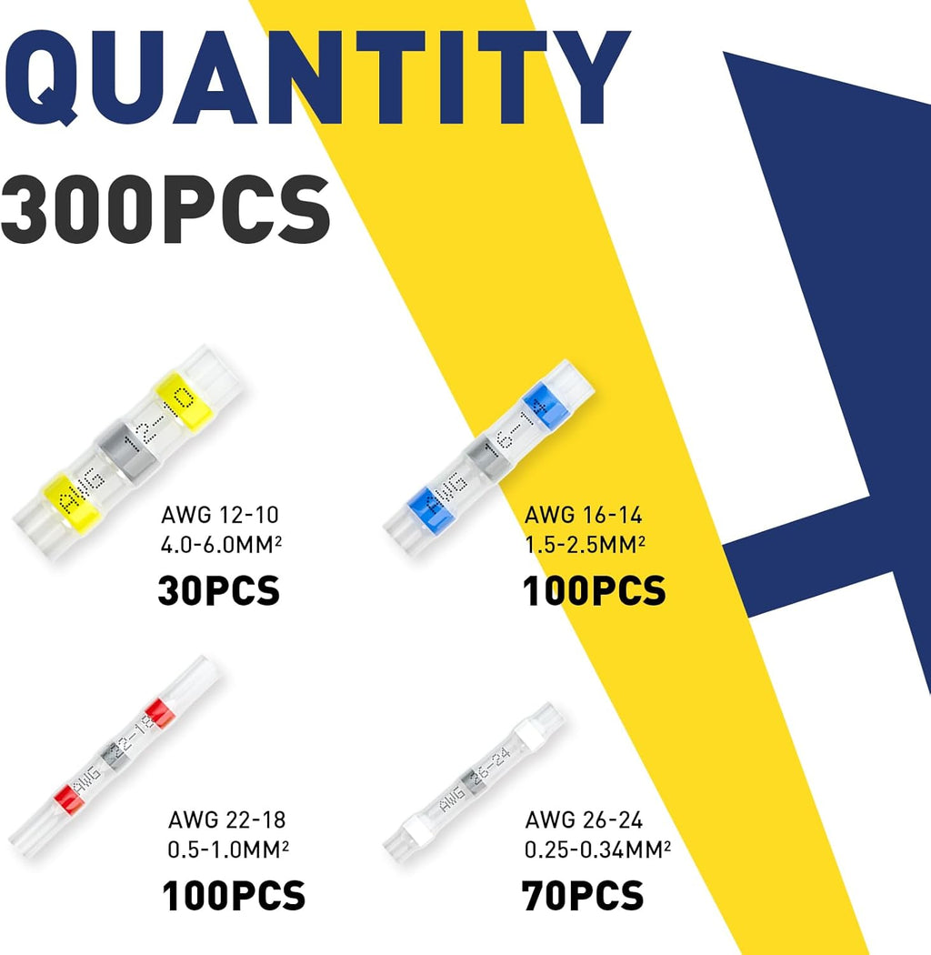 300PCS Solder Seal Wire Connectors-Haisstronica Marine Grade Heat Shrink Wire Connectors-Heat Shrink Butt Connectors for Marine,Stereo(30Yellow 70White 100Red 100Blue) Solder Sleeve