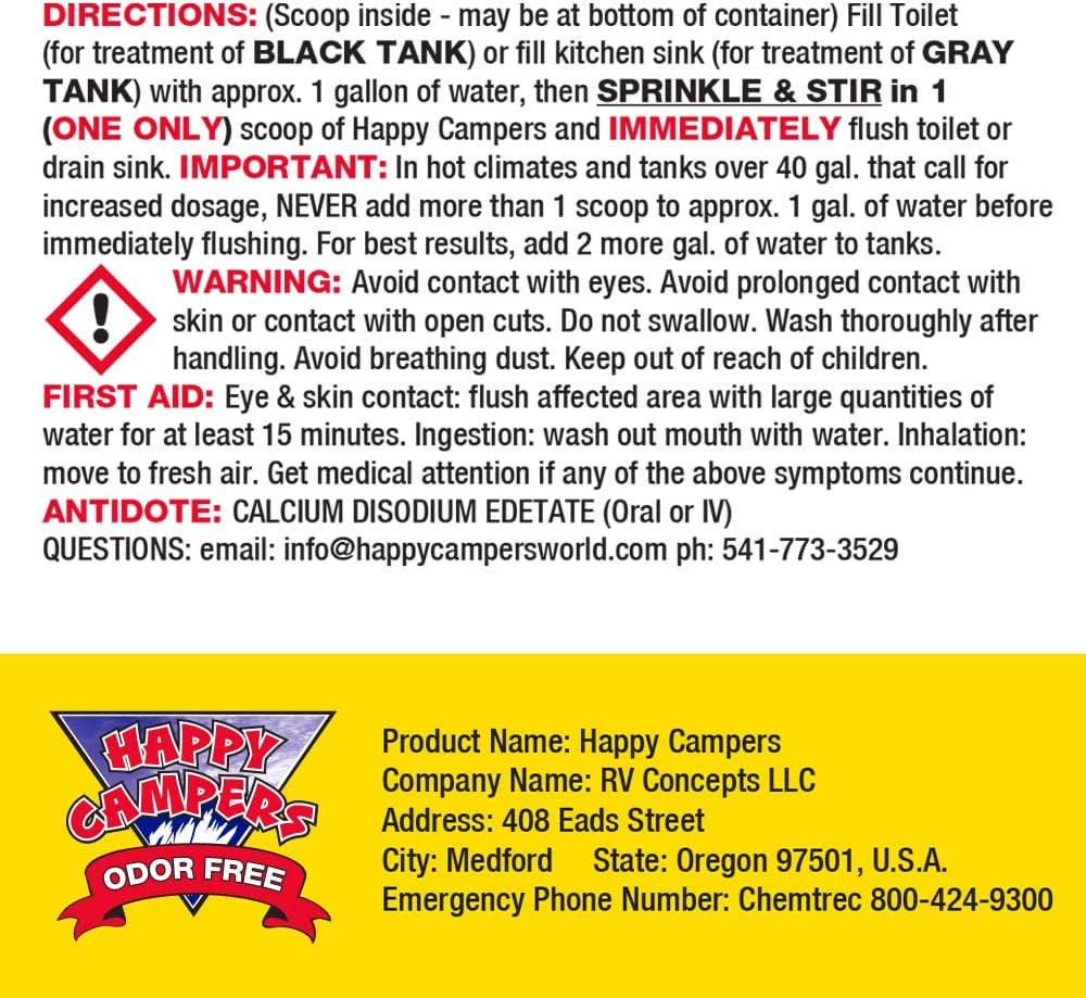 Happy Campers RV Toilet Treatment & Holding Tank Treatment - Controls Odors, Helps Prevent Clogs, Buildup & Sensor Issues in RV Black & Gray Tanks – Supports Reliable Dumping (18 Treatments)