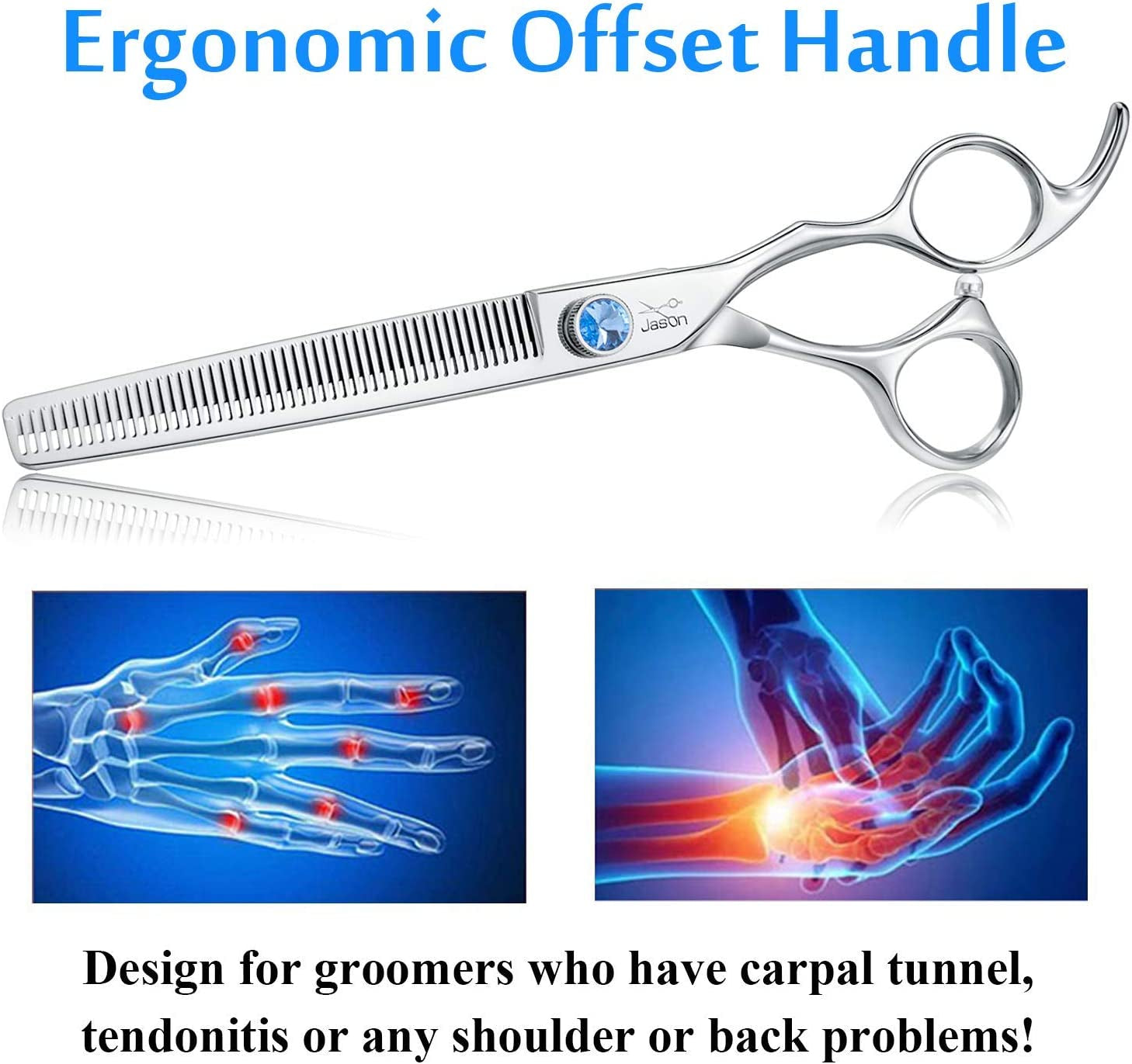 JASON 7" 50 Teeth Thinning Dog Grooming Blending Scissor, Ergonomic Pet Grooming Thinner Blender Shears Cat Trimming Texturizing Kit with Offset Handle and a Jewelled Screw 30% Thinning Rate Christmas